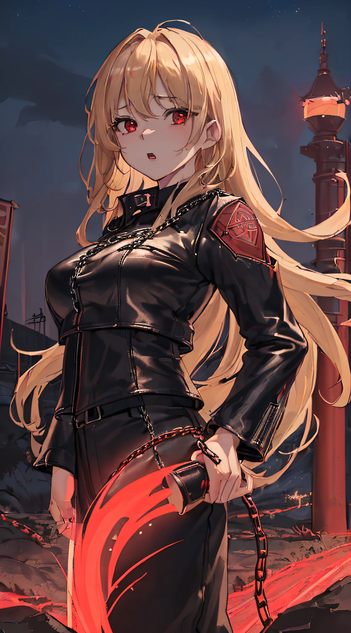 top-quality、Top image quality、masterpiece、girl with((cute little、18year old、Best Bust、Medium bust、Bust 85,Red eyes to issue、Breasts wide open,Valley、Blonde long hair、A slender、Black leather bra、Black leather jacket、White trousers、astonished face、Follow your audience)hiquality、Beautiful Art、Background with((nightcity、The ground glows red、Divided land、Chain from the ground)),masutepiece、Elaborate design、visualart、depth of fields、The best lighting、highestdetailed、