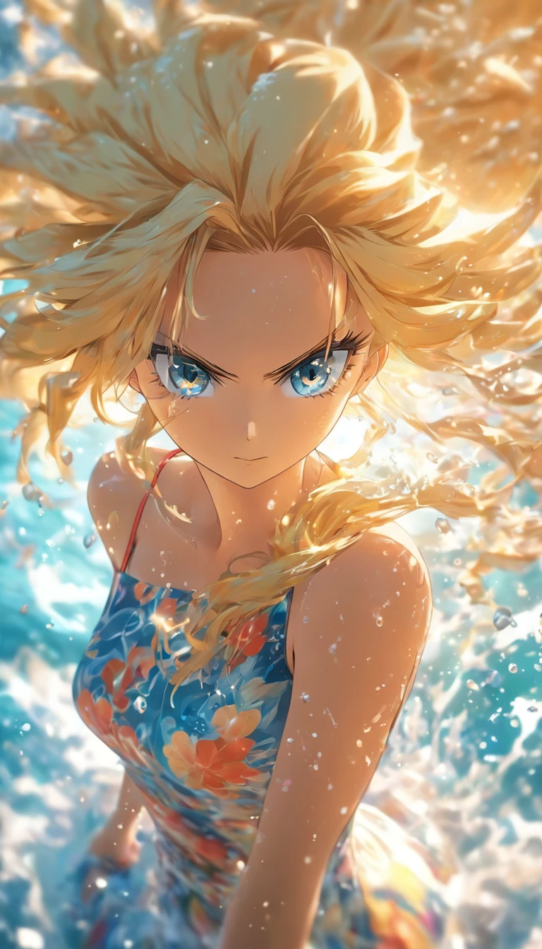 (best quality,8k,ultra-detailed,illustration,beautiful detailed,shallow depth of field,dynamic angle,8K wallpaper,portrait,high-quality lighting and shadows,4k,8k,blurry background,upper body,modern,one-piece dress,blonde mature woman,long hair,beautiful detailed eyes,beautiful water splashes)