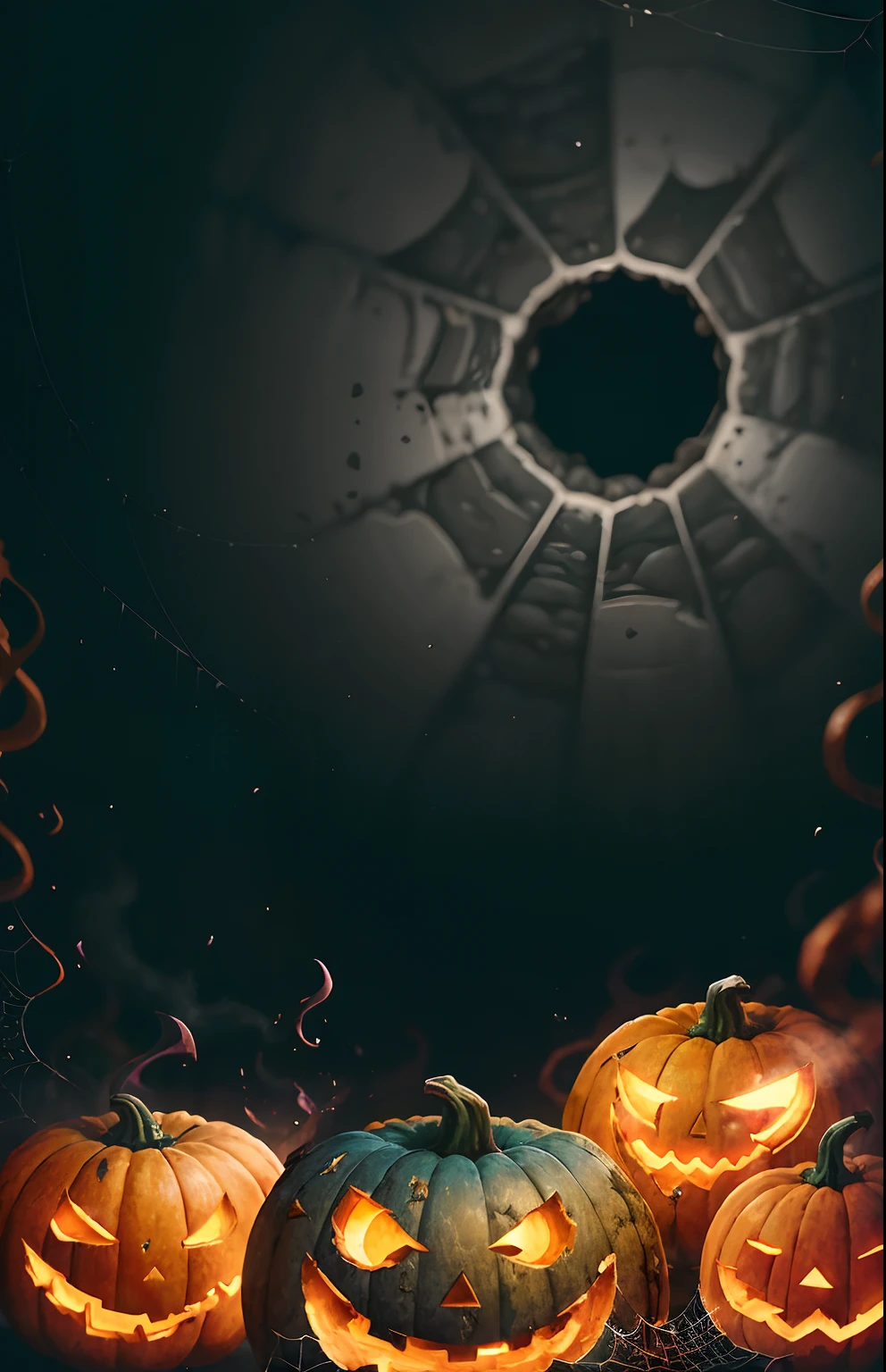 Visualize the iconic Vila Velha Cup in Ponta Grossa, Brazil, on a haunting Halloween night in a illustration style like rock band t-shirt. This geological marvel, dating back 340 million years to the Carboniferous period, emerges ominously in the darkness. Grotesque pumpkins, their wicked grins aglow, adorn its curves. Twisted smiles cast haunting shadows, and sticky spider webs cling to the cup's ancient edges. --auto --s2