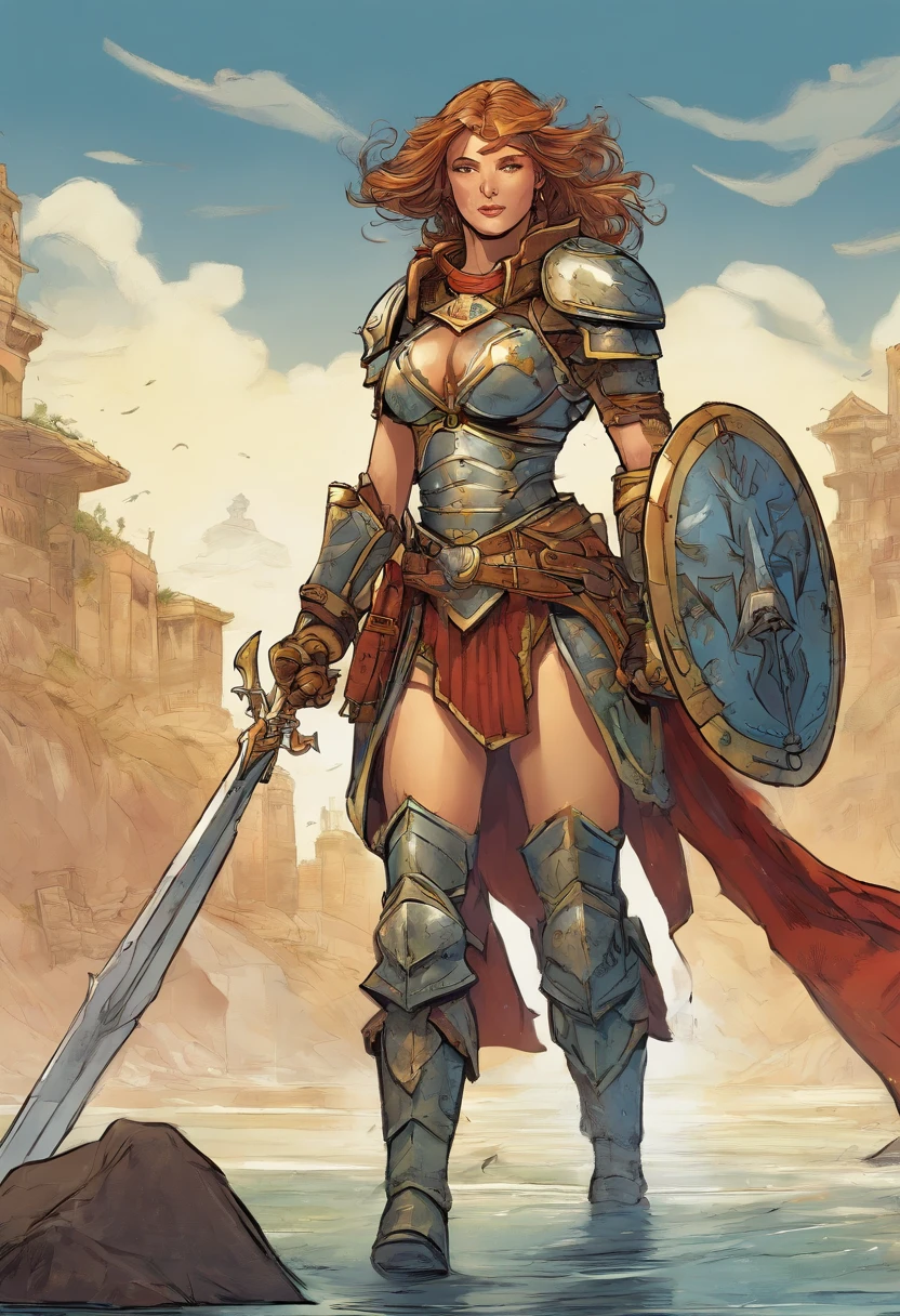 A woman in armor walking through a body of water, picture of female paladin, female paladin, fantasia paladin mulher, gorgeous female paladin, cavaleiro feminino, retrato cavaleiro feminino, Retrato do Paladino Feminino, Warhammer 4 0 K obra de arte, de uma bela cavaleiro feminina, martelo de guerra 4 0 k fantasia, female warrior, vestido com armadura de batalha