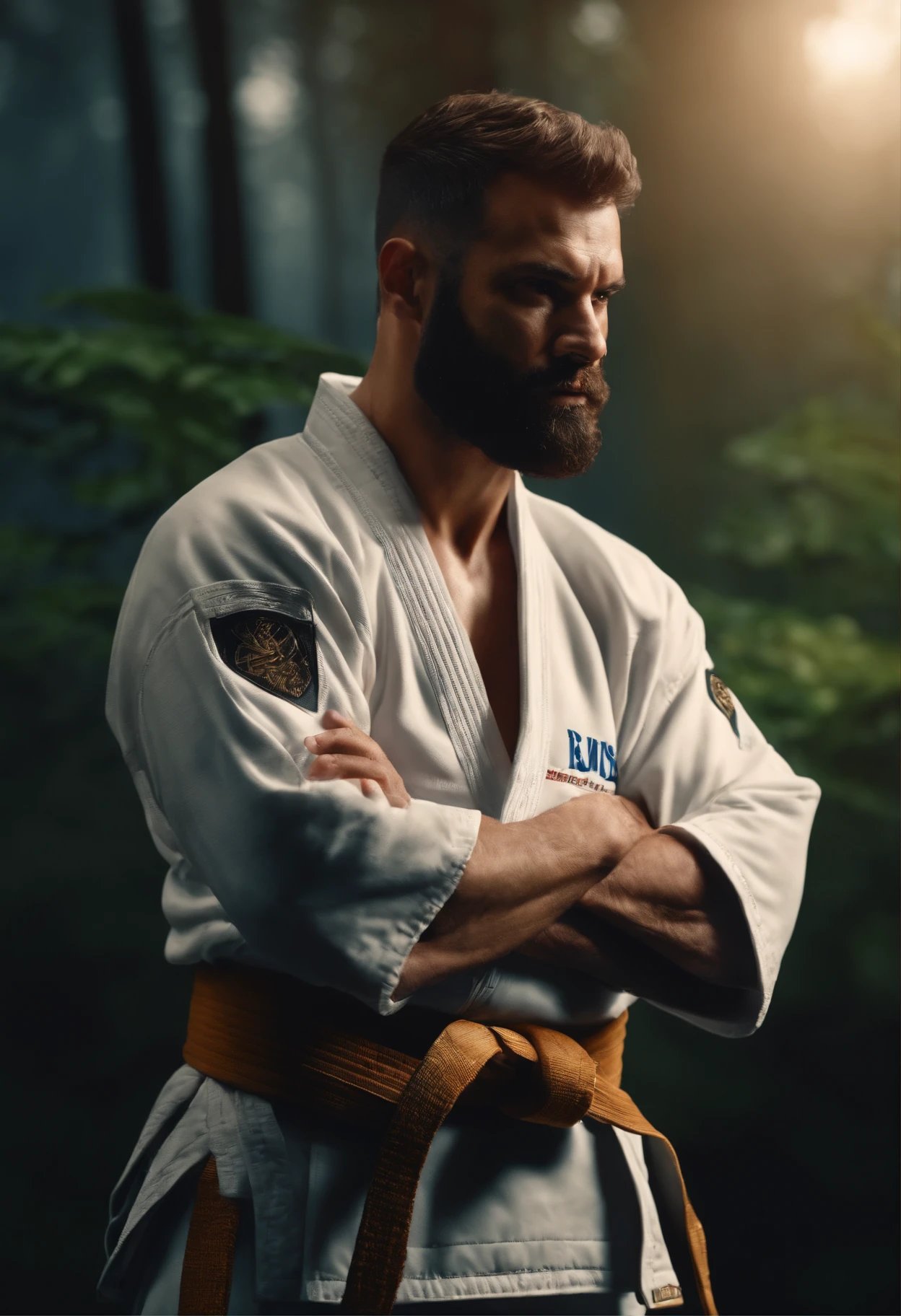 homem em frente a uma gigantesca montanha ao fundo, with arms crossed, Man in combat position, Quimono de jiu-jitsu, 8k, hyper realista, detalhado.