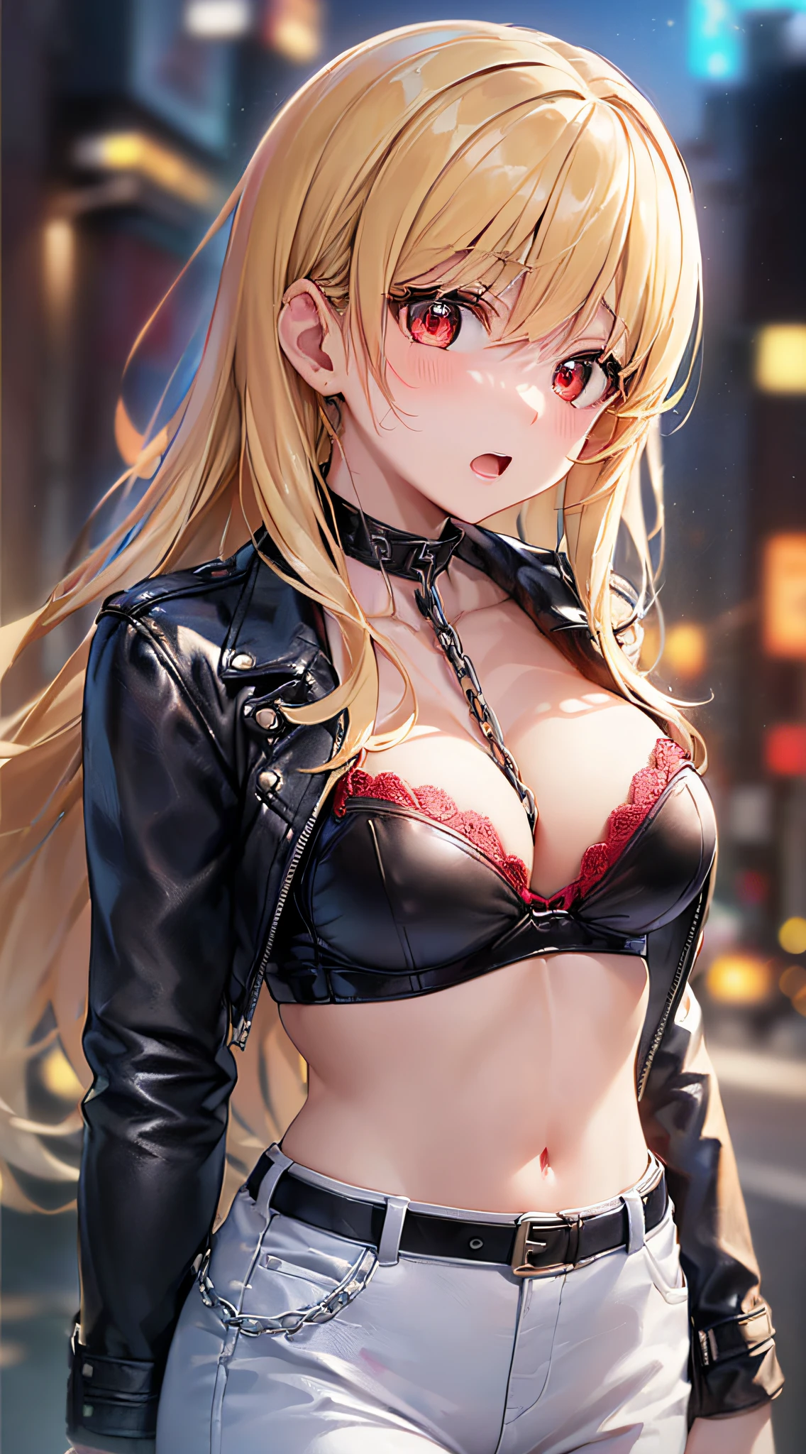 top-quality、Top image quality、​masterpiece、girl with((cute little、18year old、Best Bust、Medium bust、Bust 85,Red eyes to issue、Breasts wide open,Valley、Blonde long hair、A slender、Black leather bra、Black leather jacket、White trousers、astonished face、Follow your audience）hiquality、Beautiful Art、Background with((nightcity、The ground glows red、Divided land、Chain from the ground)),masutepiece、Elaborate design、visualart、depth of fields、The best lighting、highestdetailed、