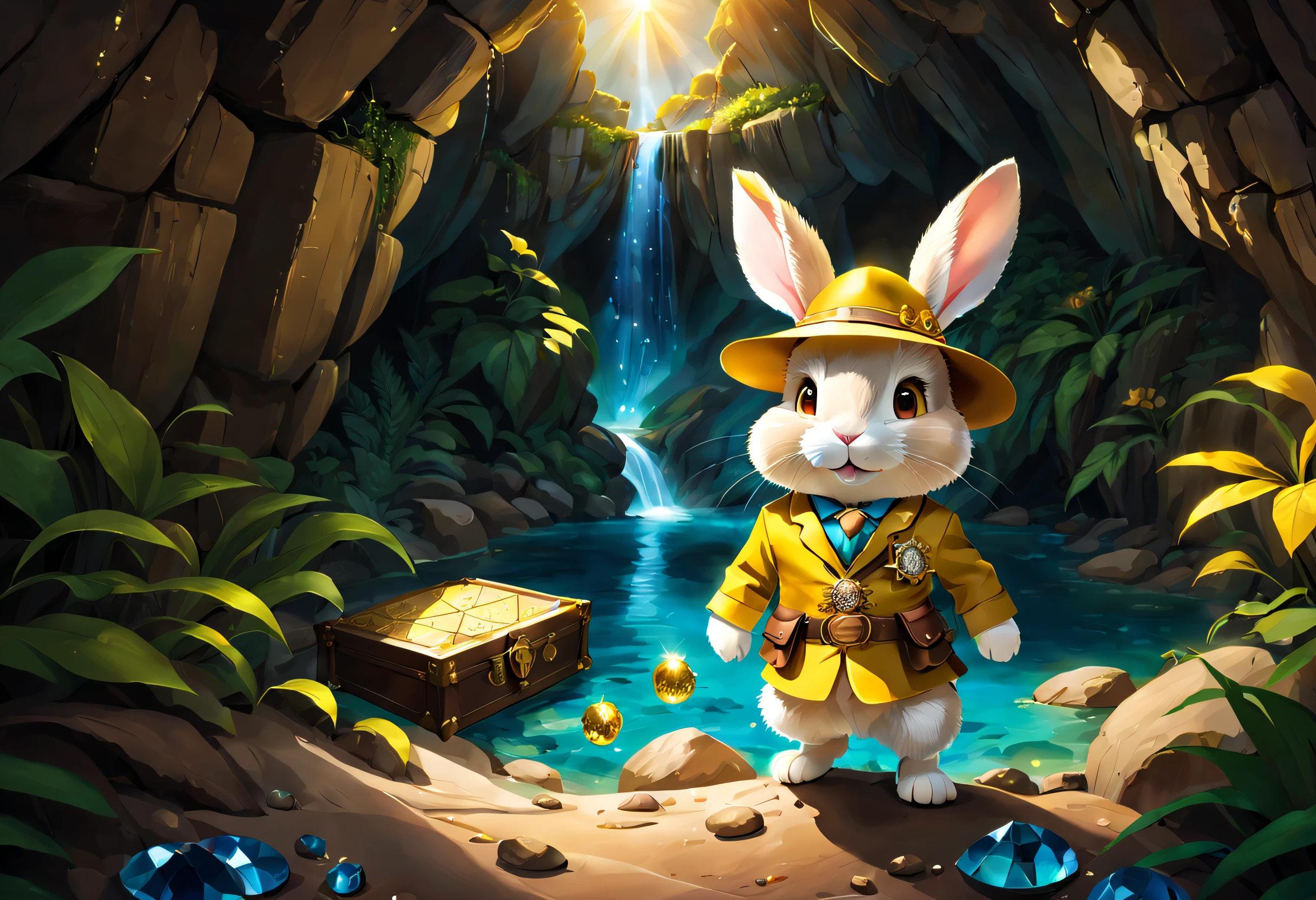 When a cute little rabbit steps into a dark cave,A faint ray of sunlight shone through the gap in the suit,Wearing an earthy yellow explorer's outfit,He wears a wide-brimmed straw hat,Embroidered with a gold expedition badge,It symbolizes courage and adventurous spirit,The interior of the cave is full of ancient atmosphere,The walls are covered with sparkling crystals,Going deeper into the burrow, the little rabbit discovers a hidden passage,The walls of the passage are inlaid with pearls of strange shapes,radiating a soft,Walk cautiously through the passage,The faint sound of running water was heard,Stunning underground waterfalls。 Waterfalls rush down from the towering rock faces,A pool of crystal clear water is formed。The pool shimmered blue,There seems to be an endless treasure hidden,Explore the island made up of pearls and gemstones in the water, There is an elaborate treasure chest on the island,Set with sparkling diamonds。The little rabbit carefully opens the treasure chest,Found filled with glittering gems and gold coins。 (Cinematic lighting, first person perspective, angle of view, in a panoramic view, Ultra-wide angle, hyper HD, Anatomically correct, Masterpiece, ccurate, Award-Awarded, Best quality),Dressed animals page