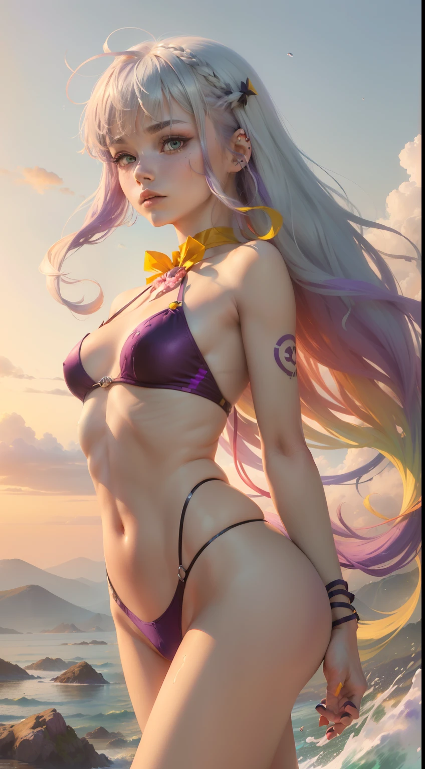 1.5),(1 girl),(Dynamic Pose),(multicolored hair+Silver hair:1.3+Red hair:1.2+Purple hair+Yellow hair:1.3+Green hair:1.3),(Blue eyes),(Neck ribbon),(floating),(cloud),(Too many drops of water),(Twilight),(watercolor paiting),(Wide Shot)