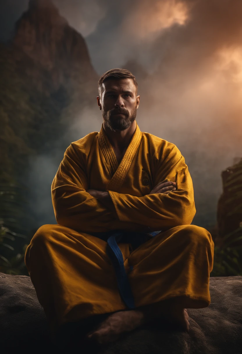 homem em frente a uma gigantesca montanha ao fundo, with arms crossed, Man in combat position, Quimono de jiu-jitsu, 8k, hyper realista, detalhado.