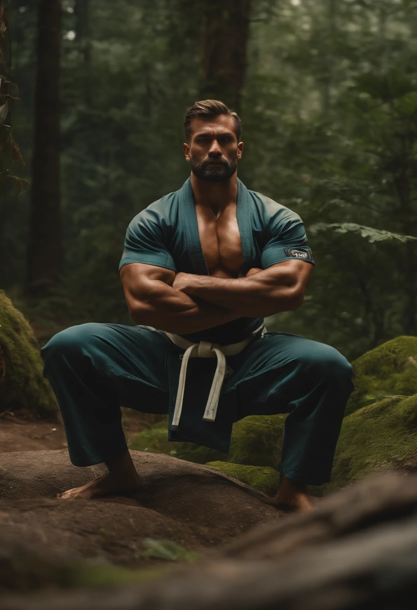 homem em frente a uma gigantesca montanha ao fundo, with arms crossed, Man in combat position, Quimono de jiu-jitsu com faixa branca, 8k, hyper realista, detalhado.