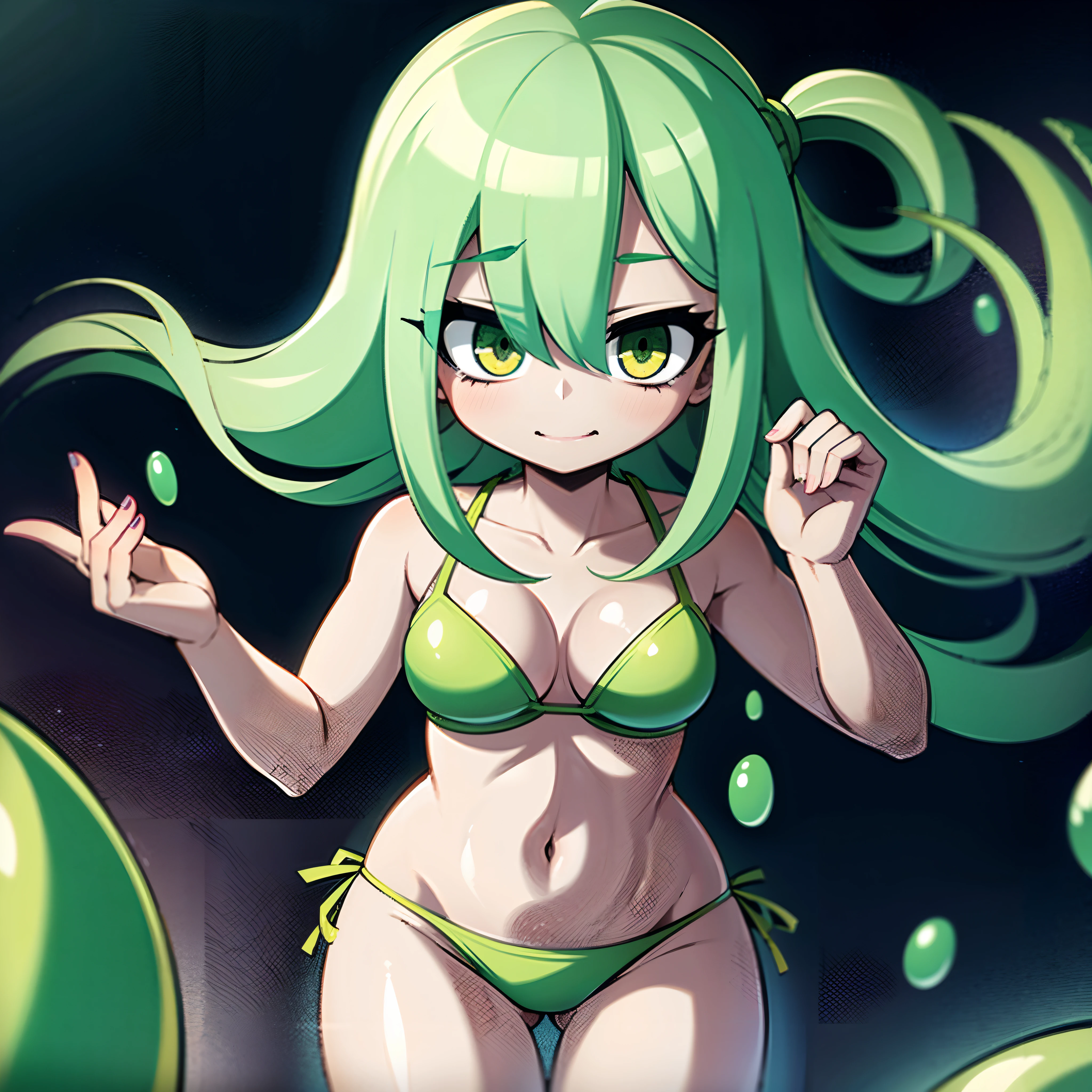 1slimegirl, wearing leaf bikini, hair made out of slime, body made out of slime, slime hair covering one eye