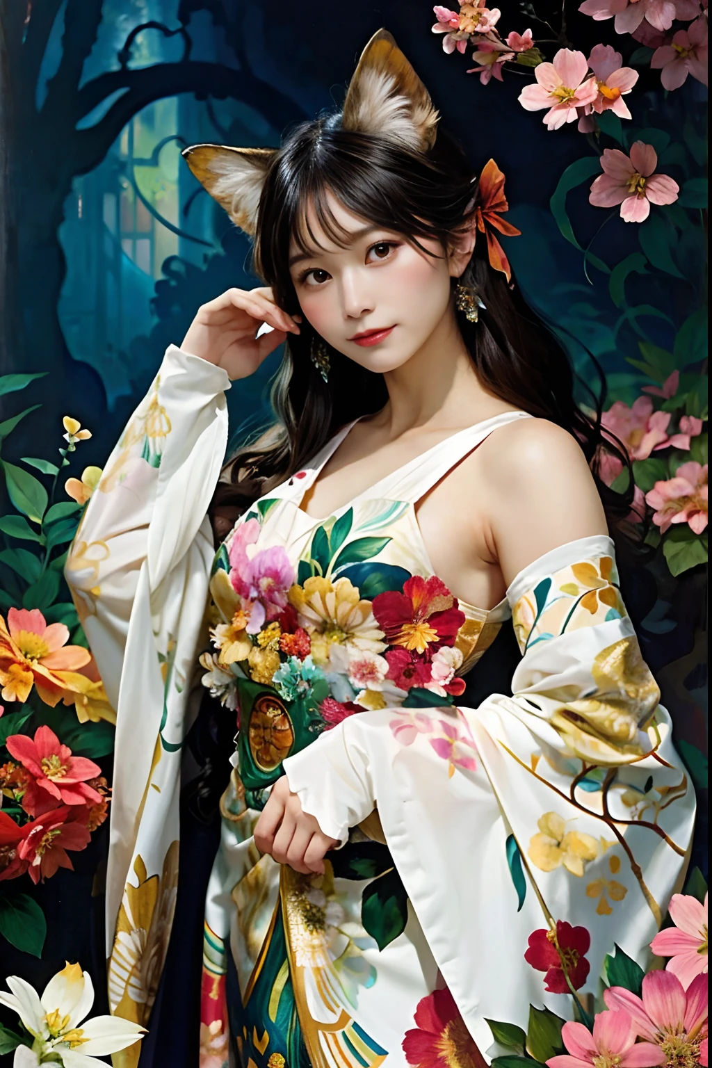 a photo of a fuzzy, elegant, beautiful, kaiju moth cat, vibrant colour palette, flowery, alphonse mucha, rhads