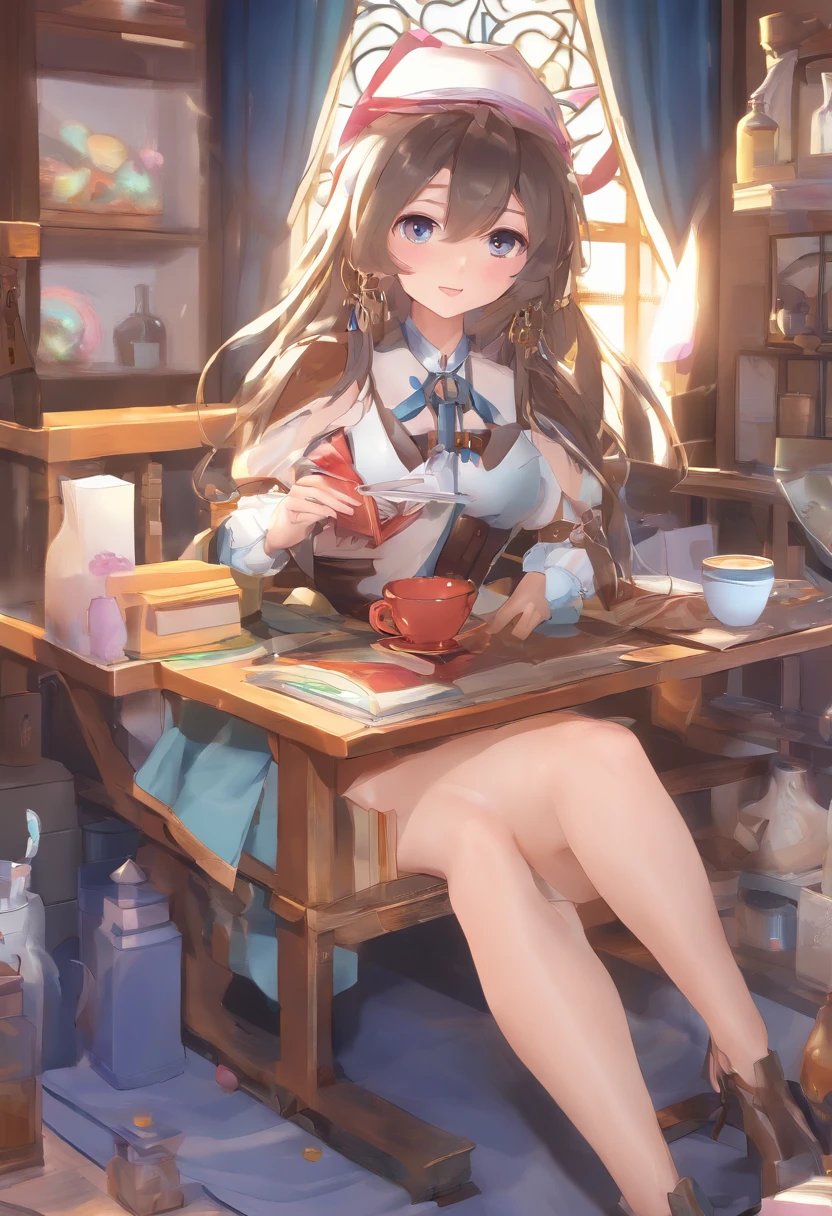 anime girl sitting on chair with coffee cup in hand, alchemist girl, light novel cover art, official art, epic light novel art cover, official artwork, epic light novel cover art, loli, isekai, small curve loli, kushat krenz, kushat kurenz key art feminine, Shadowverse style, moe dwarf,