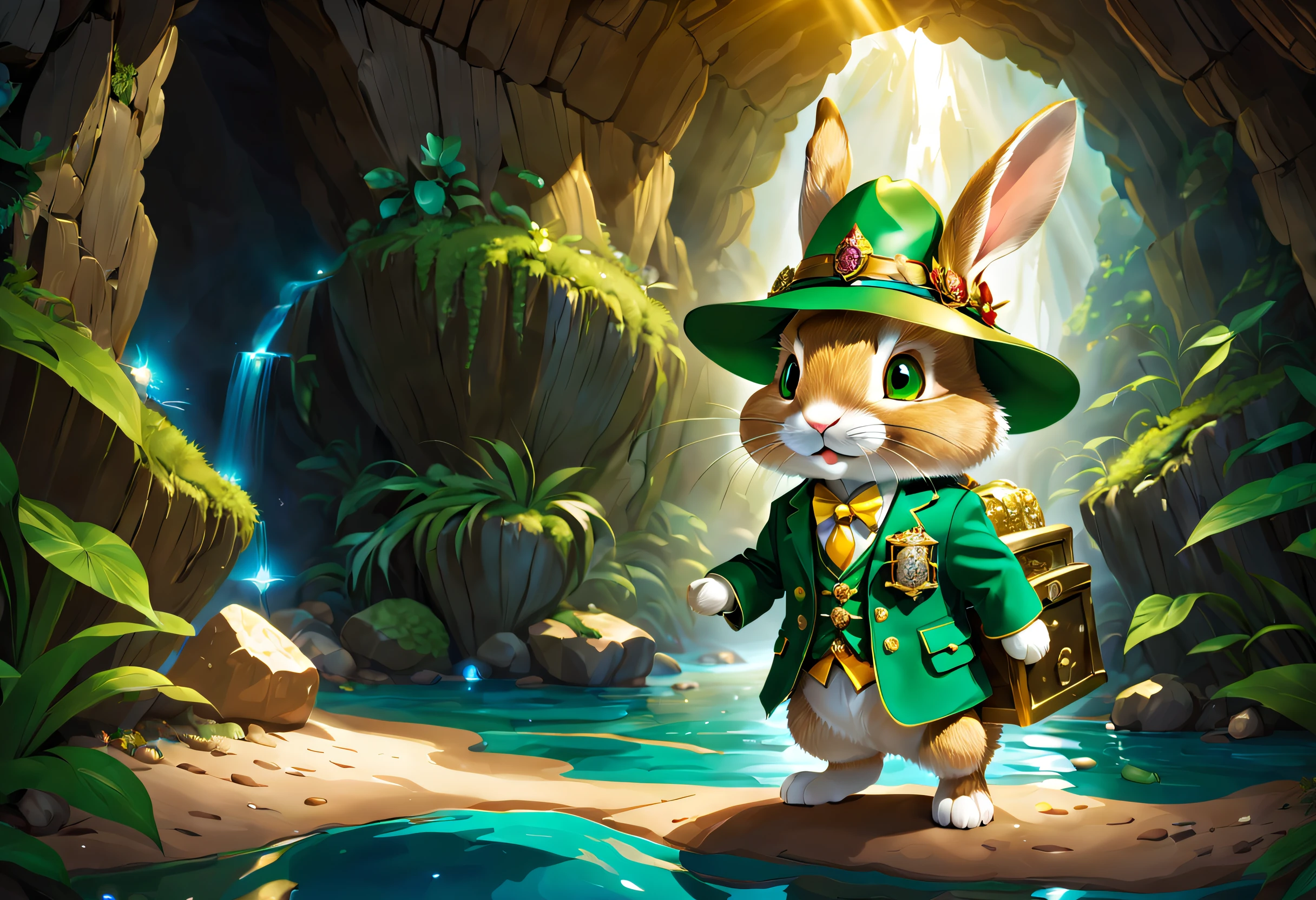 When a cute rabbit steps into a dark cave,A faint ray of sunlight shone through the gap in the suit,Wearing a bright green explorer outfit,He wears a wide-brimmed straw hat,Embroidered with a gold expedition badge,It symbolizes courage and adventurous spirit,The interior of the cave is full of ancient atmosphere,The walls are covered with sparkling crystals,Going deeper into the burrow, the little rabbit discovers a hidden passage,The walls of the passage are inlaid with pearls of strange shapes,radiating a soft,Walk cautiously through the passage,The faint sound of running water was heard,Stunning underground waterfalls。 Waterfalls rush down from the towering rock faces,A pool of crystal clear water is formed。The pool shimmered blue,There seems to be an endless treasure hidden,Explore the island made up of pearls and gemstones in the water, There is an elaborate treasure chest on the island,Set with sparkling diamonds。The little rabbit carefully opens the treasure chest,Found filled with glittering gems and gold coins。 (Cinematic lighting, first person perspective, angle of view, in a panoramic view, Ultra-wide angle, hyper HD, Anatomically correct, Masterpiece, ccurate, Award-Awarded, Best quality),Dressed animals page