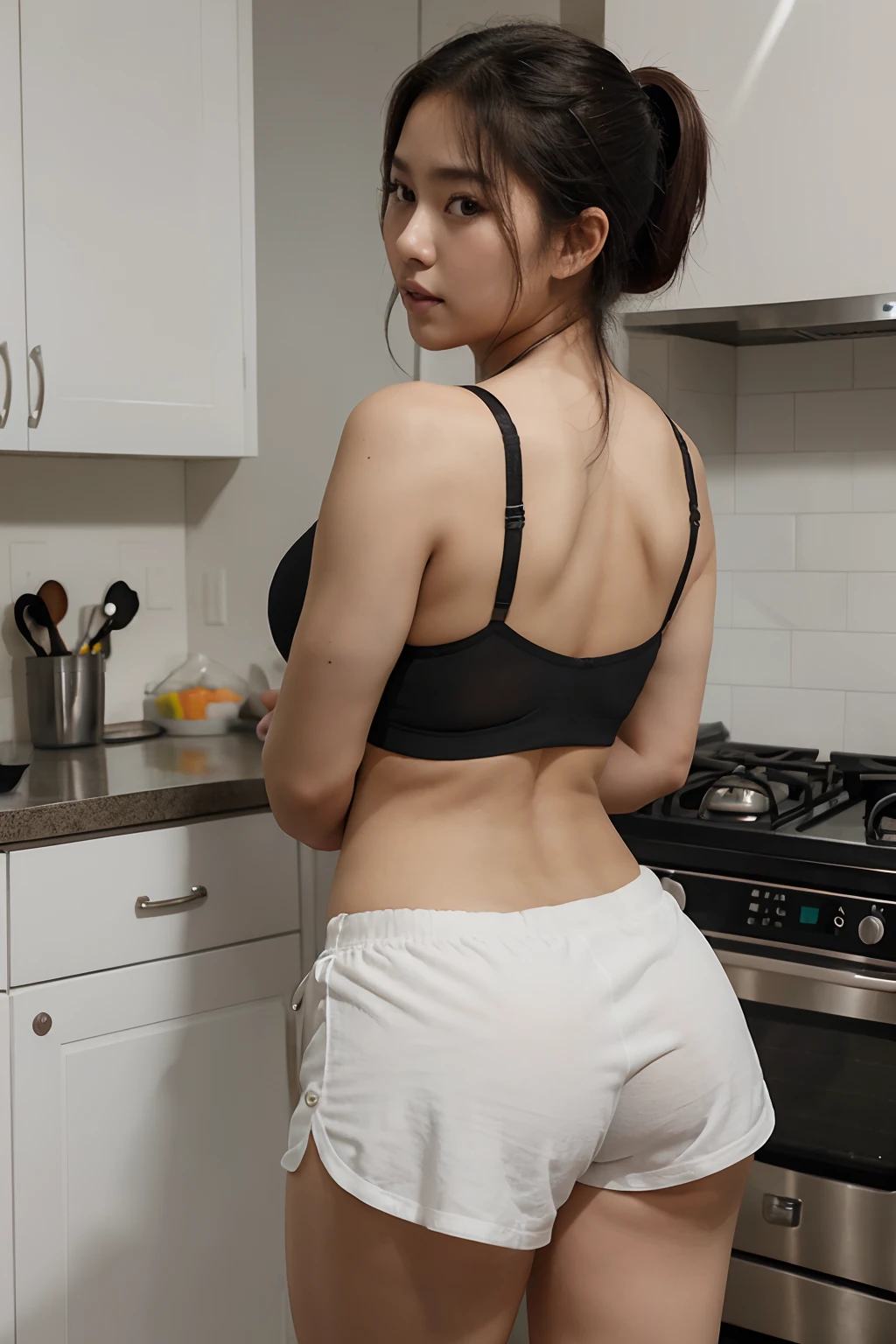 araffe in a black bra top and white shorts in a kitchen, korean girl, gorgeous young korean woman, back pose, in shorts, cottagecore!! fitness body, toned derriere, thicc, side pose, beautiful south korean woman, booty shorts, 2 4  old female model, sexy girl wearing shorts, korean woman, lit from behind