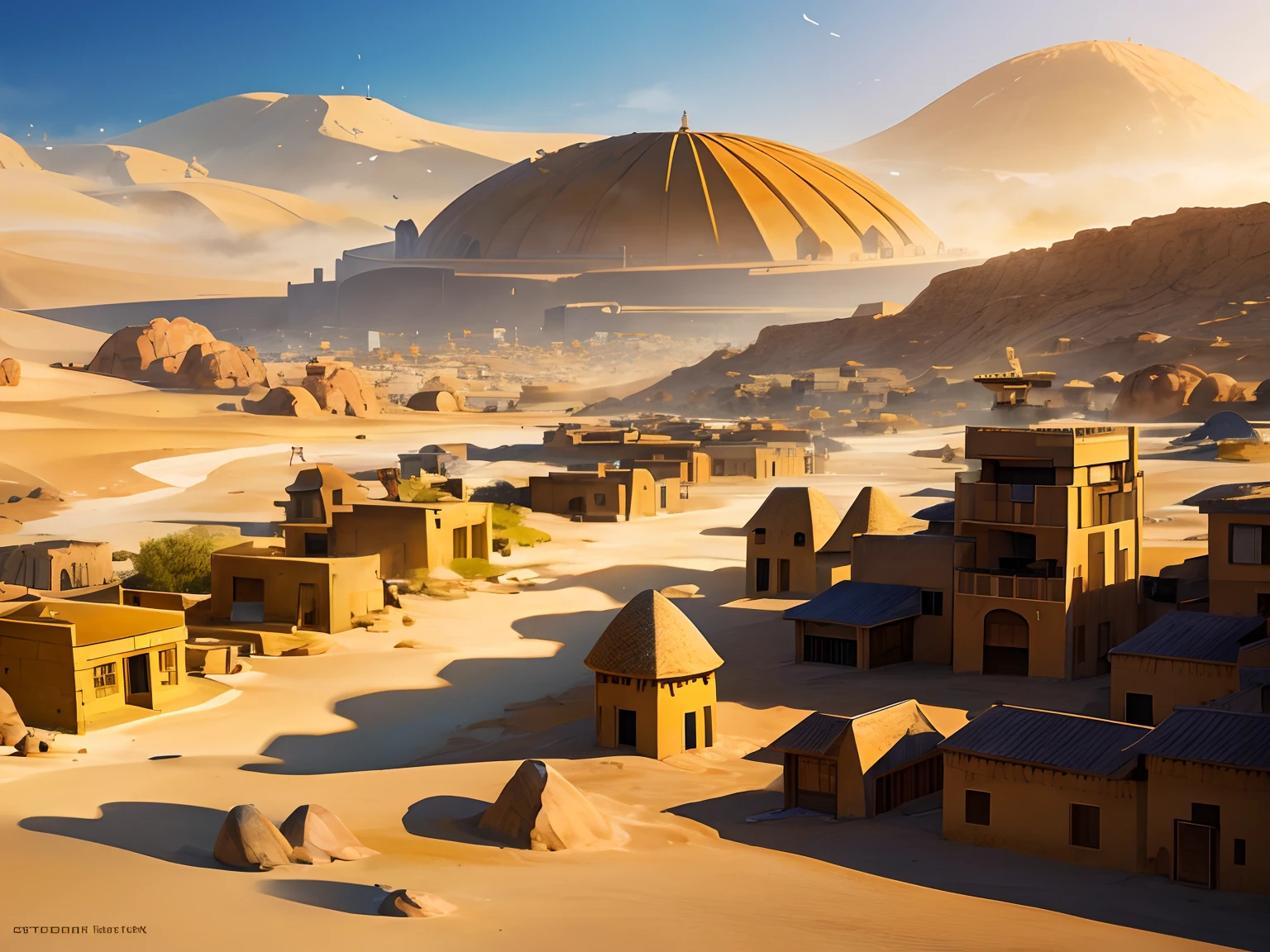Unreal, (village), (town), A peaceful town of earth crystals in the desert, dune houses, yellow hue, sky with bright sunlight and sand storm.