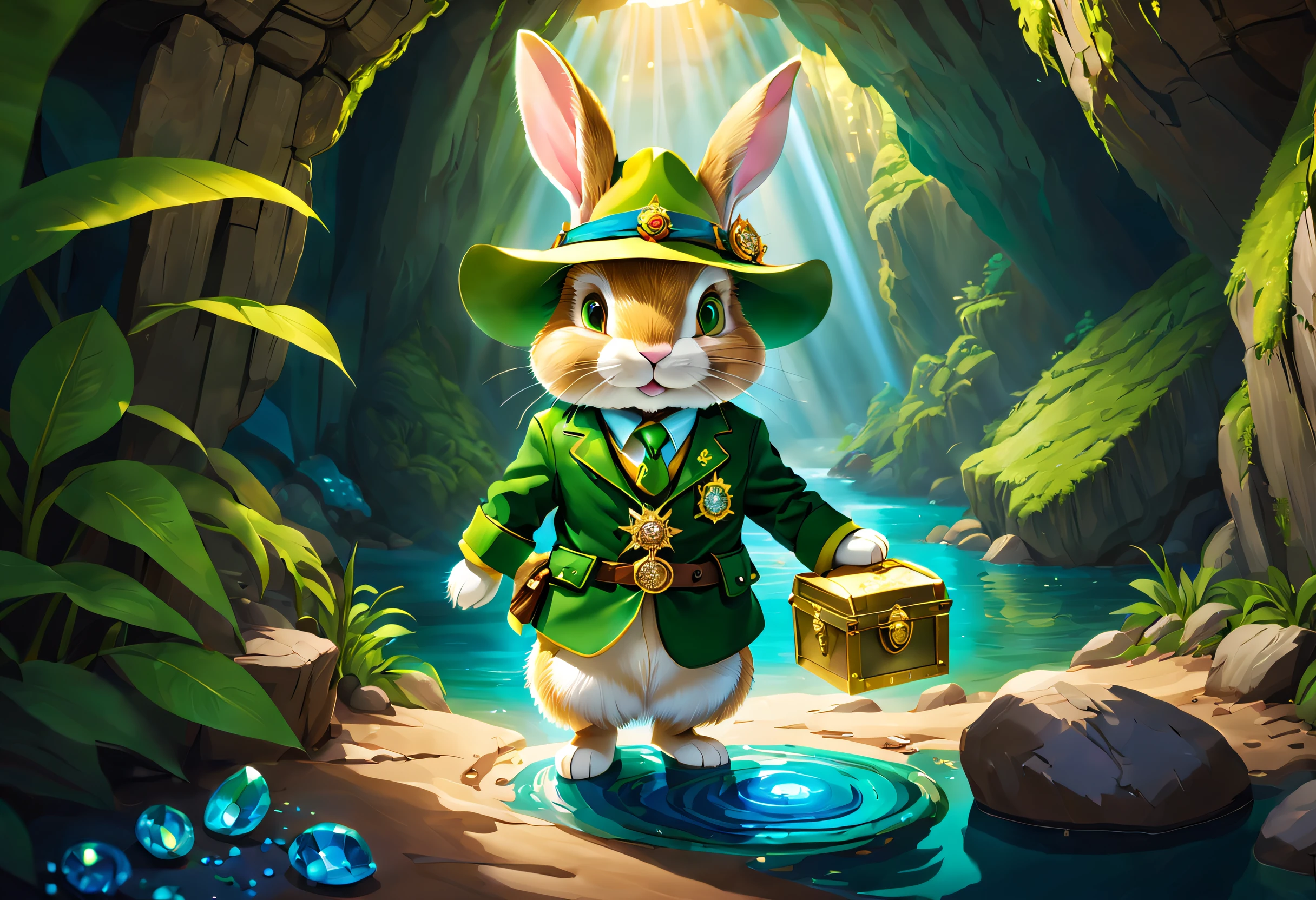 When a cute little rabbit steps into a dark cave,A faint ray of sunlight shone through the gap in the suit,Wearing a bright green explorer outfit,He wears a wide-brimmed straw hat,Embroidered with a gold expedition badge,It symbolizes courage and adventurous spirit,The interior of the cave is full of ancient atmosphere,The walls are covered with sparkling crystals,Going deeper into the burrow, the little rabbit discovers a hidden passage,The walls of the passage are inlaid with pearls of strange shapes,radiating a soft,Walk cautiously through the passage,The faint sound of running water was heard,Stunning underground waterfalls。 Waterfalls rush down from the towering rock faces,A pool of crystal clear water is formed。The pool shimmered blue,There seems to be an endless treasure hidden,Explore the island made up of pearls and gemstones in the water, There is an elaborate treasure chest on the island,Set with sparkling diamonds。The little rabbit carefully opens the treasure chest,Found filled with glittering gems and gold coins。 (Cinematic lighting, first person perspective, angle of view, in a panoramic view, Ultra-wide angle, hyper HD, Anatomically correct, Masterpiece, ccurate, Award-Awarded, Best quality),Dressed animals page