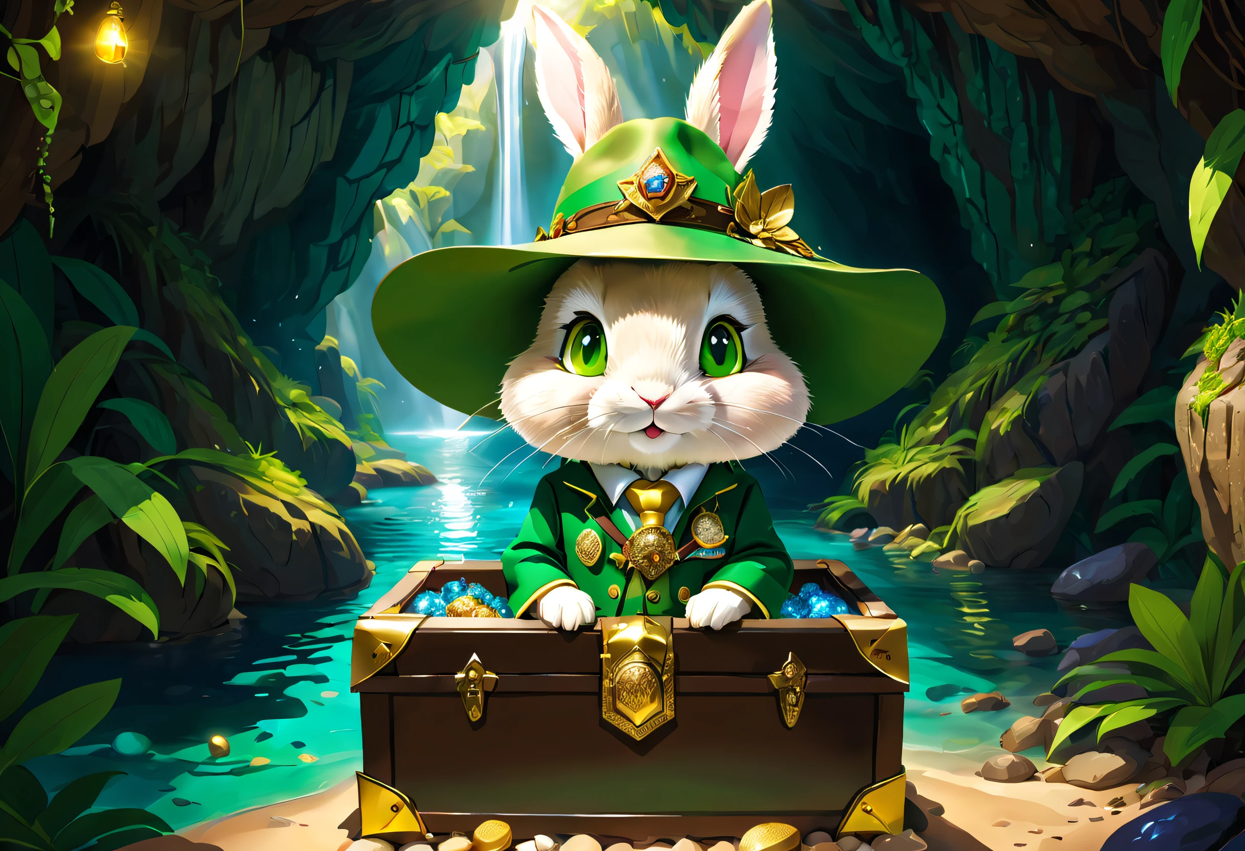 When a cute little rabbit steps into a dark cave,A faint ray of sunlight shone through the gap in the suit,Wearing a bright green explorer outfit,He wears a wide-brimmed straw hat,Embroidered with a gold expedition badge,It symbolizes courage and adventurous spirit,The interior of the cave is full of ancient atmosphere,The walls are covered with sparkling crystals,Going deeper into the burrow, the little rabbit discovers a hidden passage,The walls of the passage are inlaid with pearls of strange shapes,radiating a soft,Walk cautiously through the passage,The faint sound of running water was heard,Stunning underground waterfalls。 Waterfalls rush down from the towering rock faces,A pool of crystal clear water is formed。The pool shimmered blue,There seems to be an endless treasure hidden,Explore the island made up of pearls and gemstones in the water, There is an elaborate treasure chest on the island,Set with sparkling diamonds。The little rabbit carefully opens the treasure chest,Found filled with glittering gems and gold coins。 (Cinematic lighting, first person perspective, angle of view, in a panoramic view, Ultra-wide angle, hyper HD, Anatomically correct, Masterpiece, ccurate, Award-Awarded, Best quality),Dressed animals page