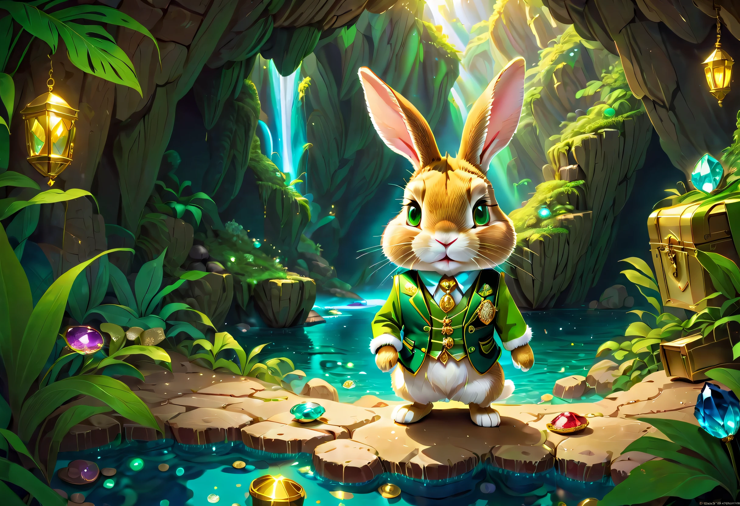 When a cute  rabbit steps into a dark cave，A faint ray of sunlight shone through the gap in the suit，Wearing a bright green vest，It is embroidered with a gold expedition badge，It symbolizes courage and adventurous spirit，The interior of the cave is full of ancient atmosphere，The walls are covered with sparkling crystals，Going deeper into the burrow, the little rabbit discovers a hidden passage，The walls of the passage are inlaid with pearls of strange shapes，radiating a soft，Walk cautiously through the passage，The faint sound of running water was heard，Stunning underground waterfalls。 Waterfalls rush down from the towering rock faces，A pool of crystal clear water is formed。The pool shimmered blue，There seems to be an endless treasure hidden，Explore the island made up of pearls and gemstones in the water， There is an elaborate treasure chest on the island，Set with sparkling diamonds。The little rabbit carefully opens the treasure chest，Found filled with glittering gems and gold coins。 At the party animal style, (Ghibli-like colors, Cinematic lighting, first person perspective, angle of view, in a panoramic view, Ultra-wide angle, hyper HD, Anatomically correct, Masterpiece, ccurate, Award-Awarded, Best quality)，Dressed animals page