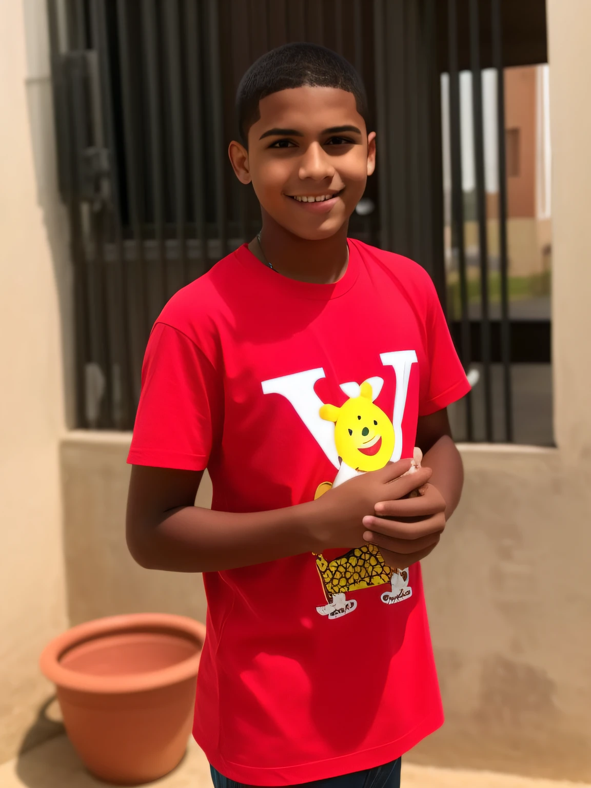 Boy in red shirt holding a banana in front of a building, ele tem cerca de 20 anos, ele tem cerca de 2 0 anos de idade, ele tem cerca de 20 anos | curto, 1 7 - ano -  rosto magro, menino jovem bonito, adolescente negro, ele tem cerca de 2 5 anos de idade, Adolescente, young man, em forma de desenho animado, como um avatar