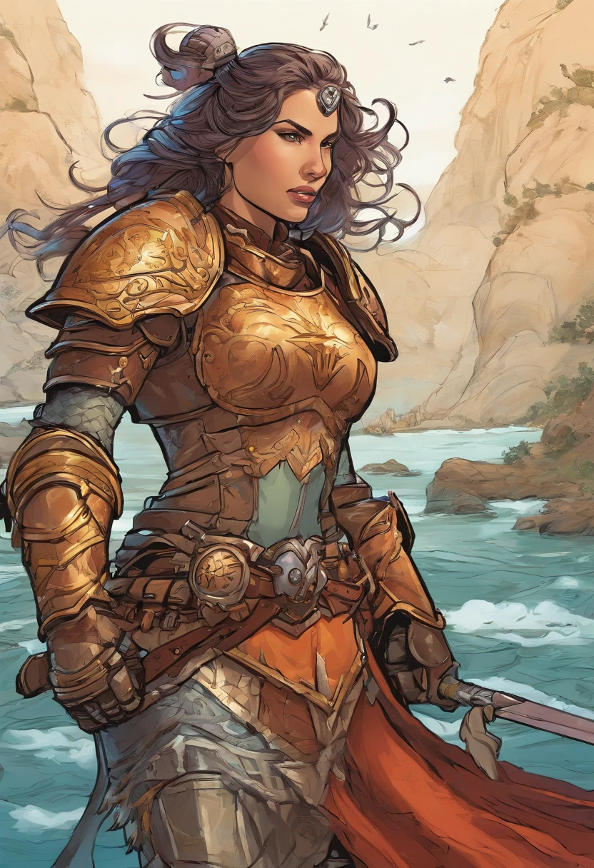 A woman in armor walking through a body of water, picture of female paladin, female paladin, fantasia paladin mulher, gorgeous female paladin, cavaleiro feminino, retrato cavaleiro feminino, Retrato do Paladino Feminino, Warhammer 4 0 K obra de arte, de uma bela cavaleiro feminina, martelo de guerra 4 0 k fantasia, female warrior, vestido com armadura de batalha, com cabelos brancos curto