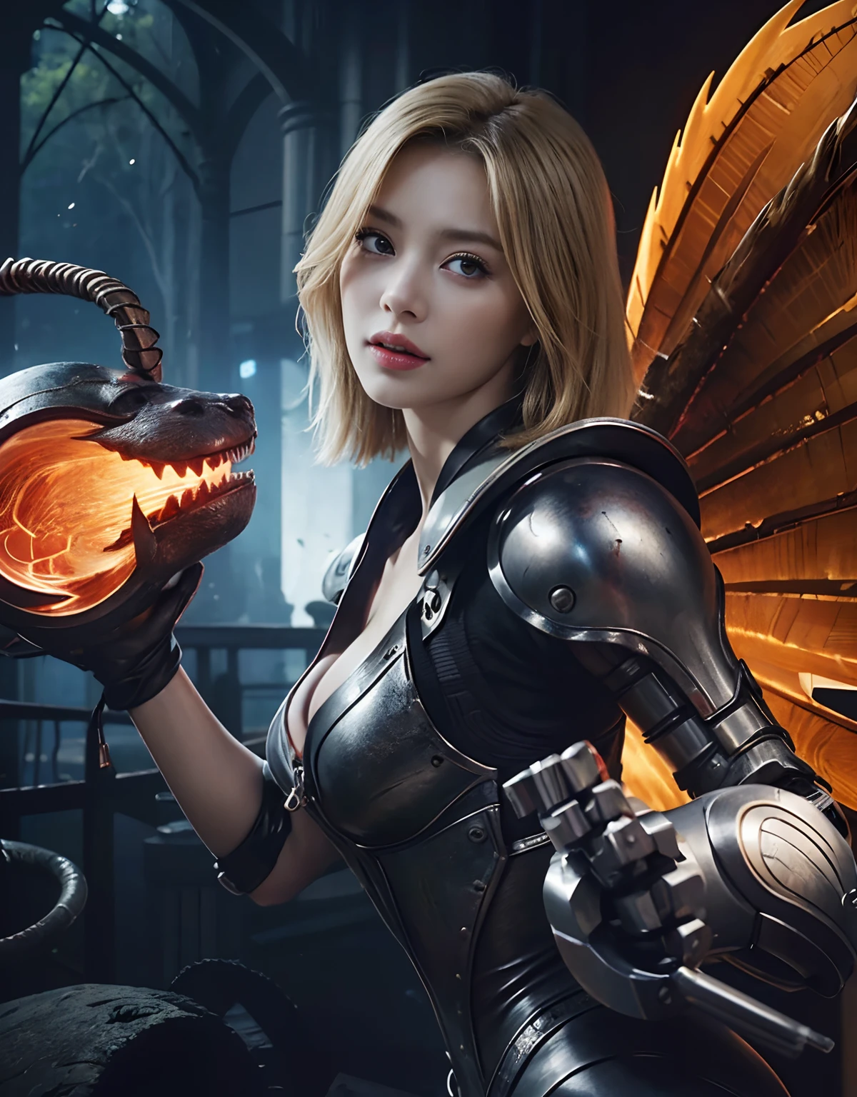 (1 mechanical girl)、Top quality、Meisterwerk、超A high resolution、(fotorealistisch:1.4)、RAW-Foto、女の子1人、Kampf gegen Mutanten、Strahlende Haut、(((1 mechanical girl)))、With a nice knife、（Green metal bodysuit）、(kobold、Menschenfresser、Erbitterter Kampf mit Orks),（Fight fiercely against aliens）、Fierce Battles、(Beautiful forest background)、(Fighting Demonic Beasts)、(Kleine LED)、((Super realistische Details))、Portlate、(Strong giant demon beast background),GlobalIllumination、Schatten、Oktan-Rendering、8K、ultrascharf、Kolossale Titten、Raw skin is exposed in the décolleté、Metalle、Details komplexer Ornamente、Japan Details、Sehr filigrane Details、realistisches licht、(Mystischer Ausdruck),CGSoation-Trends、blaue Augen、Strahlende Augen、Der Kamera zugewandt、Neon-Details、(machanical limbs)、(Blood vessels, which are connected with hoses)、Mechanische Wirbel, which are attached to the back、mechanische zervikale Befestigung am Hals、(Wires and cables, die mit dem Kopf verbunden sind)、Gundam、Kleine LED、,Mechanische Oberschenkel、Toostock、（Auch die Zeiger sind aus Maschinen gefertigt）、（Angriff der Monsterbestien）、（Wounded in a deadly battle）、