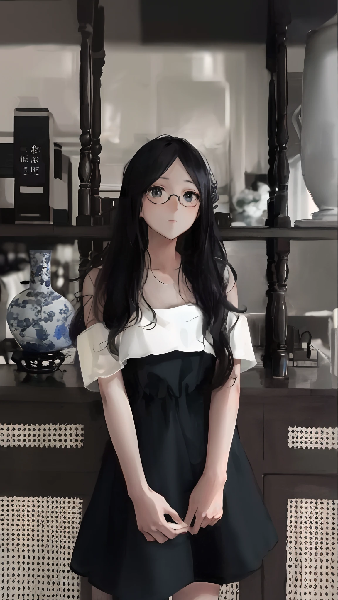 arafed woman in a black and white dress standing in front of a shelf, (wearing thin large round circle glasses:1.1), profile picture, mai anh tran, wenfei ye, profile image, with long hair, xision wu, with glasses, wavy long black hair and glasses, xintong chen, dang my linh, in style of lam manh, nivanh chanthara