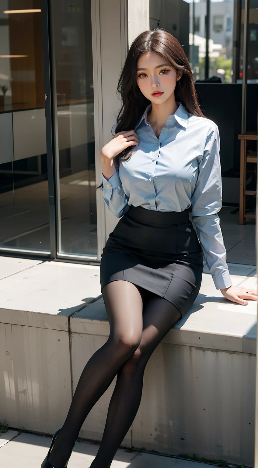 4K, 30 years old woman, skinny, office, spread legs, (view from front), full body view, (perfect Feet:1.1), tights, beautiful expresive face, shirt, small perky breast, skirt, earings, tattoo,