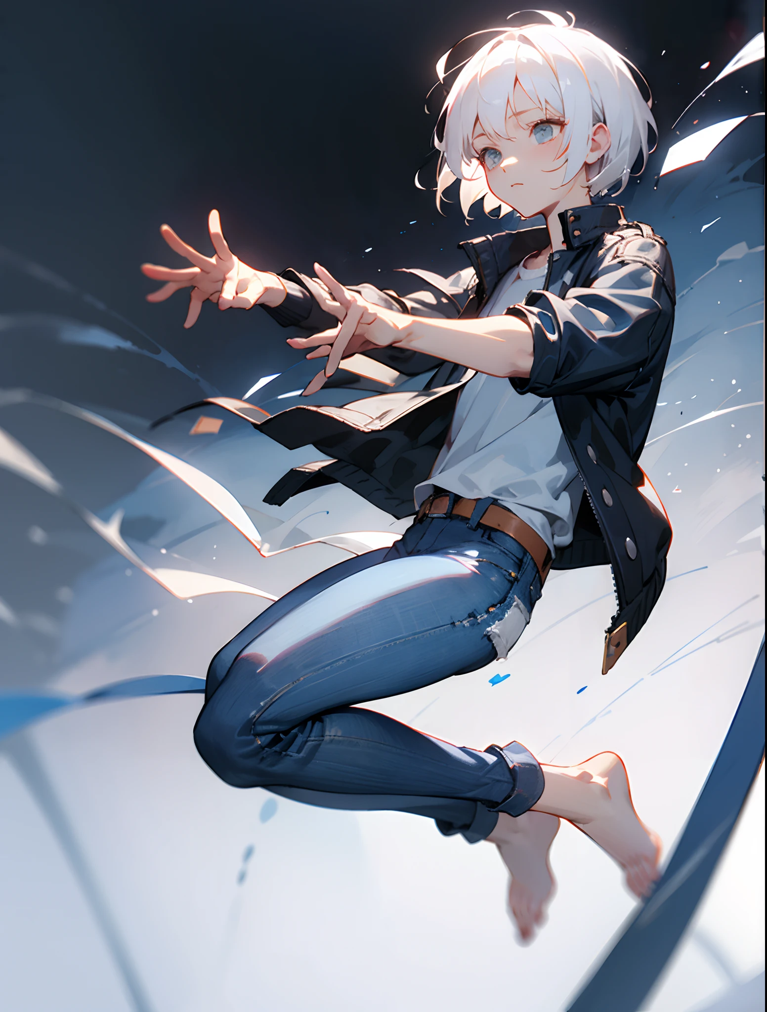 short-hair、A dark-haired、white hair、Denim jeans、Riders Jacket、Leather Jean、The background is transparent、Expression down to the toes