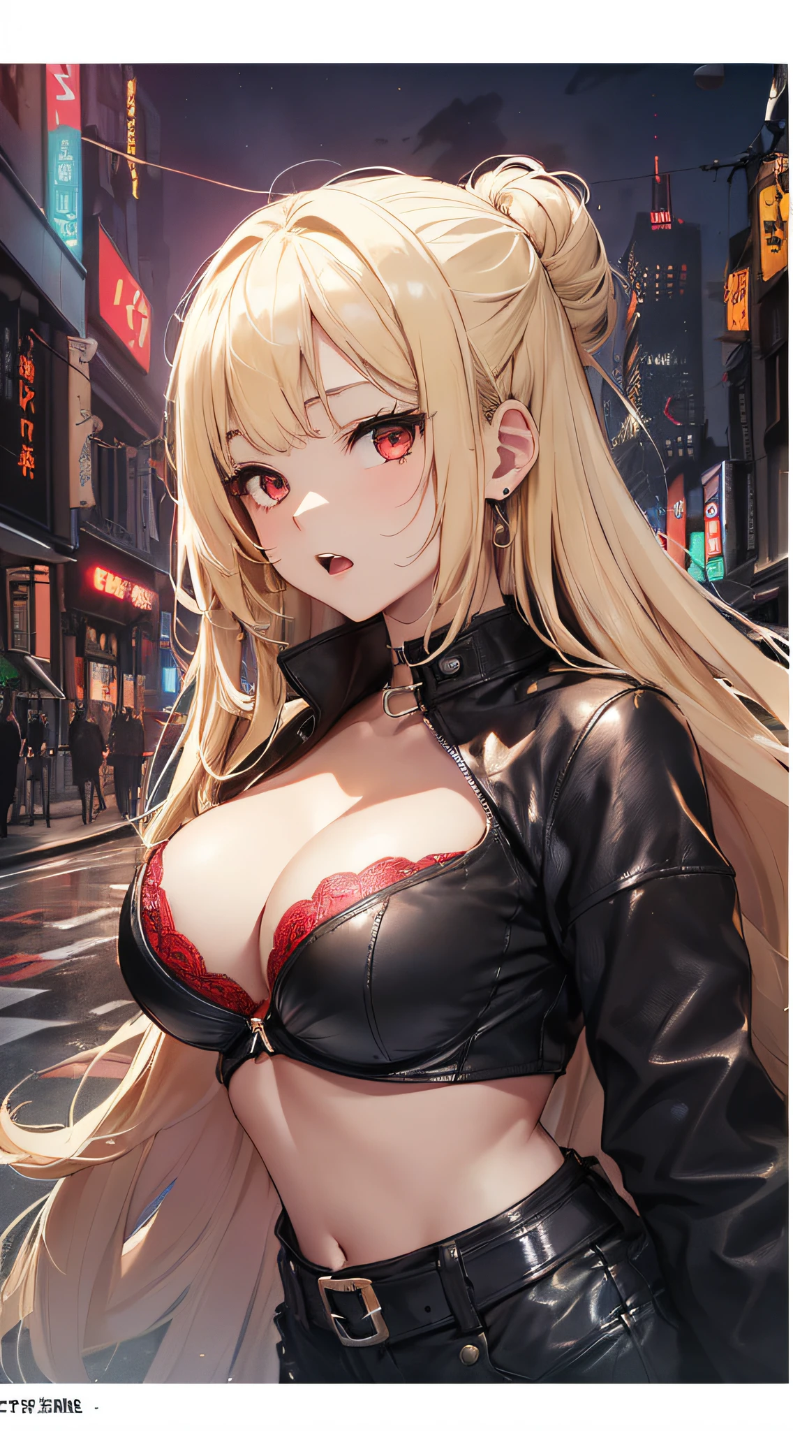 top-quality、Top image quality、​masterpiece、girl with((cute little、18year old、Best Bust、Medium bust、Bust 85,Red eyes to issue、Breasts wide open,Valley、Blonde long hair、A slender、Black leather bra、Black leather jacket、White trousers、astonished face、Weightlessness）hiquality、Beautiful Art、Background with((nightcity、The ground glows red、Weightlessness)),masutepiece、Elaborate design、visualart、depth of fields、