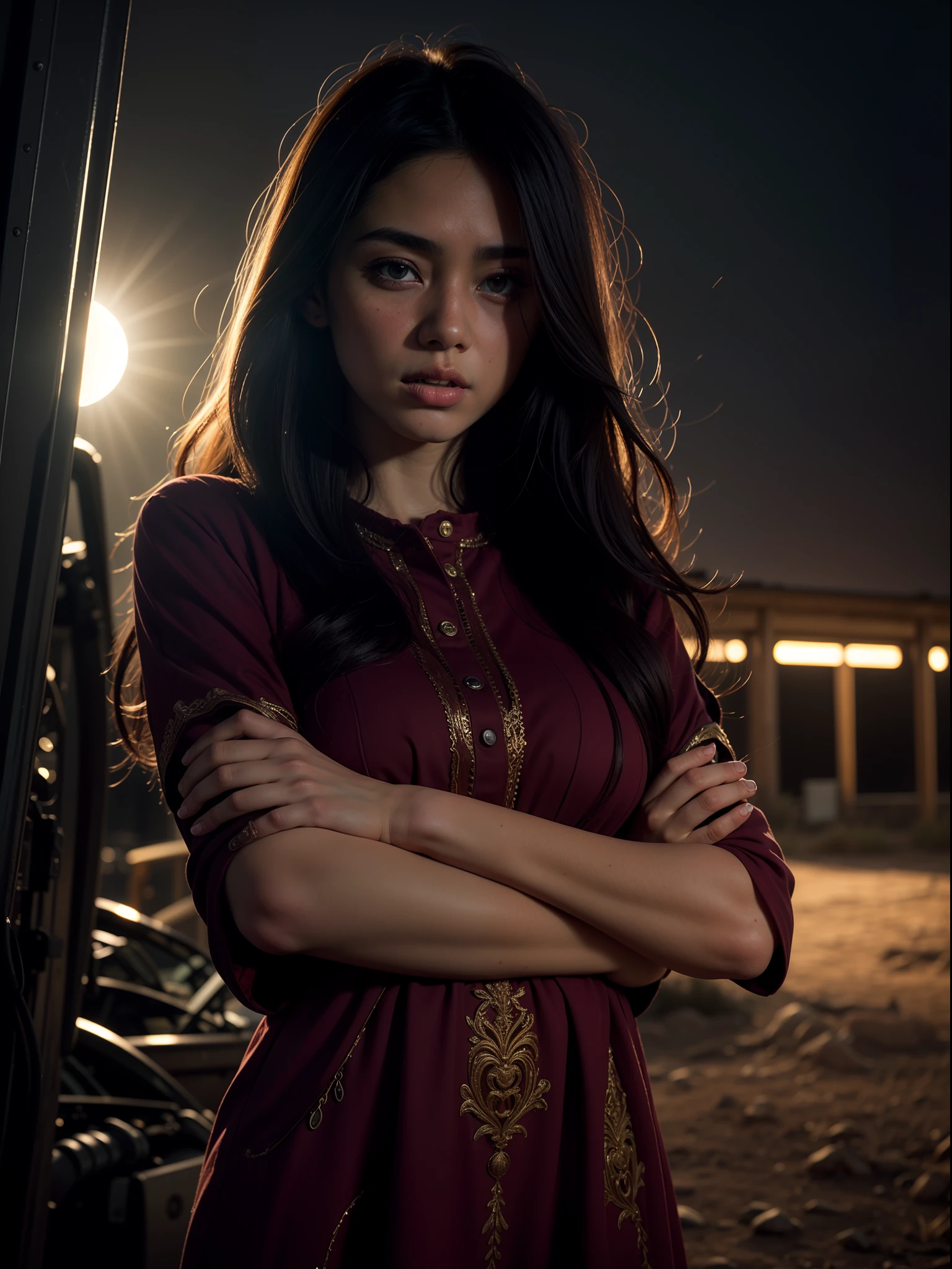 1 malay man (young 20 years old malay man) and 1 russian girl in hijab and wearing baju kurung at old abandoned gas station, route 90, old broken cars, sunset, bloom, kodachrome colors, sharp focus,(xx),(in the dark:2) Best quality, masterpiece, ultra high res, (photorealistic:1.4), (deep shadow:1.2),long hair, low key,black hair, night, realistic, photo-realistic ,(RAW photo, best quality), (realistic, photo-realistic:1.3),best quality,highly detailed,masterpiece,ultra-detailed,illustration,1girl,upper_body,dynamic angle,world masterpiece theater,messy_long_hair,best quality,extremely detailed CG unity 8k wallpaper,ink,Amazing,cinematic lighting,lens_flare, dunhuang_style,