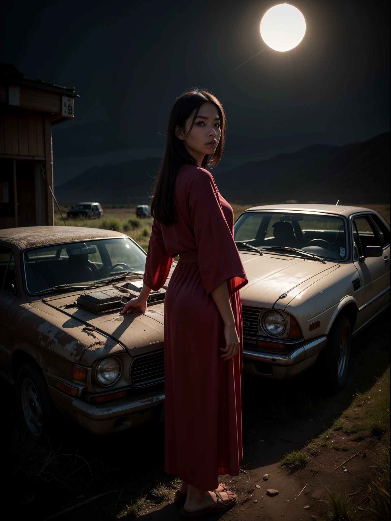 1 malay man (young 20 years old malay man) and 1 russian girl in hijab and wearing baju kurung at old abandoned gas station, route 90, old broken cars, sunset, bloom, kodachrome colors, sharp focus,(xx),(in the dark:2) Best quality, masterpiece, ultra high res, (photorealistic:1.4), (deep shadow:1.2),long hair, low key,black hair, night, realistic, photo-realistic ,(RAW photo, best quality), (realistic, photo-realistic:1.3),best quality,highly detailed,masterpiece,ultra-detailed,illustration,1girl,upper_body,dynamic angle,world masterpiece theater,messy_long_hair,best quality,extremely detailed CG unity 8k wallpaper,ink,Amazing,cinematic lighting,lens_flare, dunhuang_style,