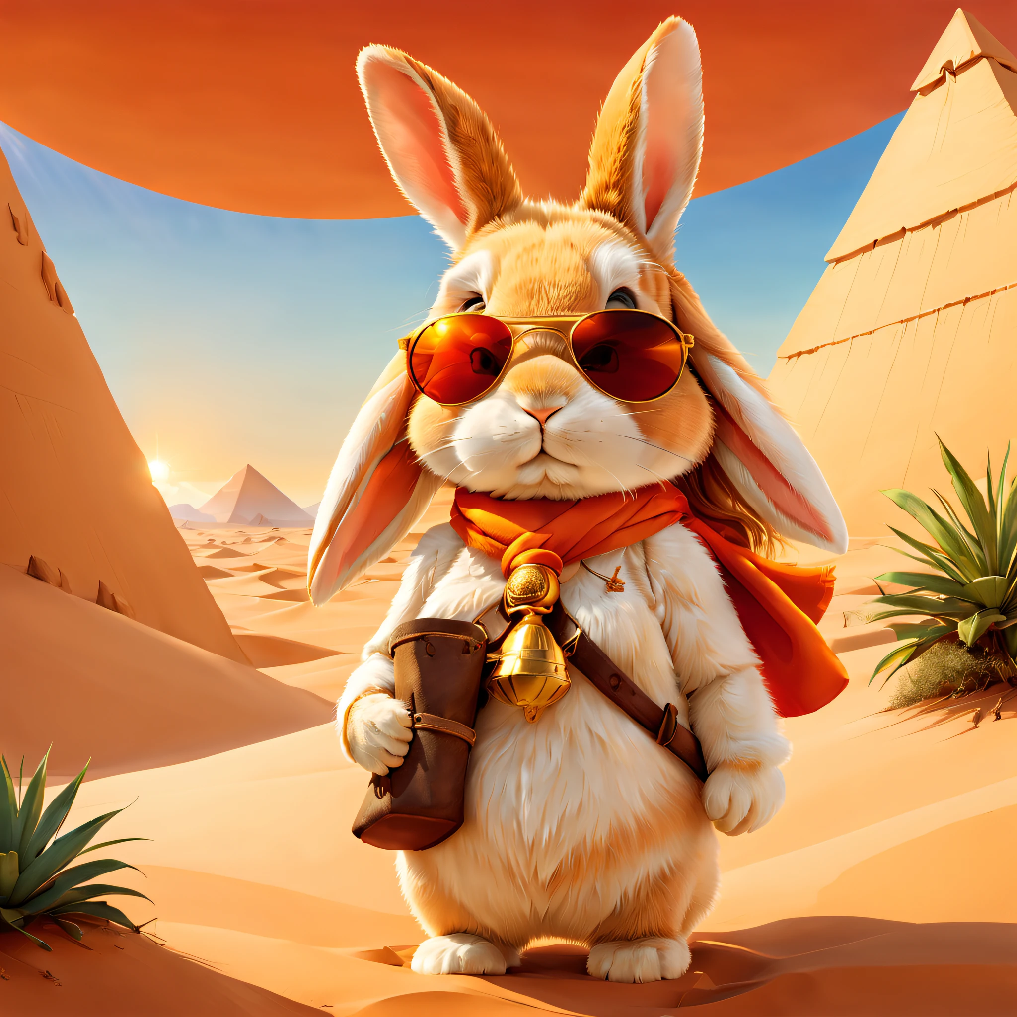 In the vast desert, A little rabbit excitedly embarks on an adventure. Wear a specially made explorer's outfit, The soft and durable linen fabric protects her from sand，At the same time, it looks stylish in light yellow，Complements the hues of the desert. The outfit also has small pockets，Necessary tools and food can be carried. Lulu wears a wide-brimmed straw hat，A bright silk scarf is tied on it，to protect her from direct sunlight. Her eyes sparkled curiously behind a pair of funky orange sunglasses, Reflects the warm tones of the desert. In her hand, ((The bunny is holding an old map))，The location of the desert pyramid is marked above. She glides lightly through sand dunes and desert vegetation, One step at a time, you will be able to reach your destination. The sand rustled beneath her feet, As if to keep the rhythm for her. finally, The little rabbit came to the front of the desert pyramid. The towering building is made of golden sand，gleaming in the sunlight. Its surface is carved with mysterious symbols and patterns, Hints at endless mysteries. The setting sun casts a warm glow over the pyramids, Create a mysterious and charming atmosphere. Go ahead, The little rabbit began to climb the steep surface of the pyramid. She carefully searched for every foothold and protruding stone，to ensure her safety. When she finally reached the top of the mountain, She was blown away by the spectacular desert scenery. From the top of the pyramid, Lulu could see the endless desert stretching into the distance. The sun illuminates the golden dunes, Create a magnificent painting. The wind blew through her fur, Brings a sense of coolness and tranquility. It was an unforgettable adventure, And Lulu the little rabbit，In the exploration of the desert pyramids, endless courage and good memories were harvested, In Party Animals Style, (Ghibli-like colors, Cinematic lighting, first person perspective, angle of view, in a panoramic view, Ultra-wide angle, hyper HD, Anatomically correct, Masterpiece, ccurate, Award-Awarded, Best quality)