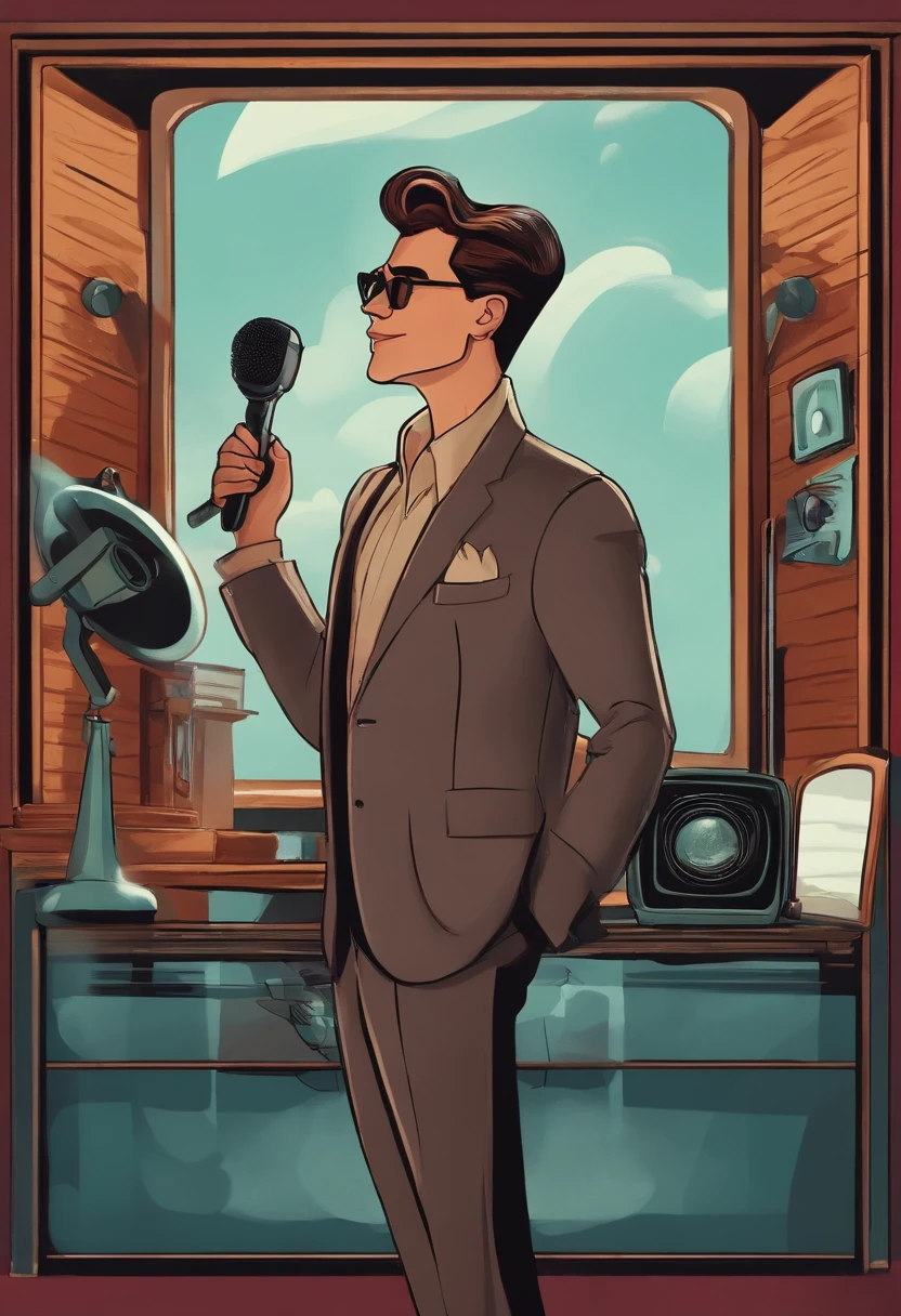 Create a Disney Pixar-style poster with the title "Among Us ciano" with a man with light skin, hair combed to the side, small pompadour, wearing a suit without a tie and holding a microphone in a television studio.