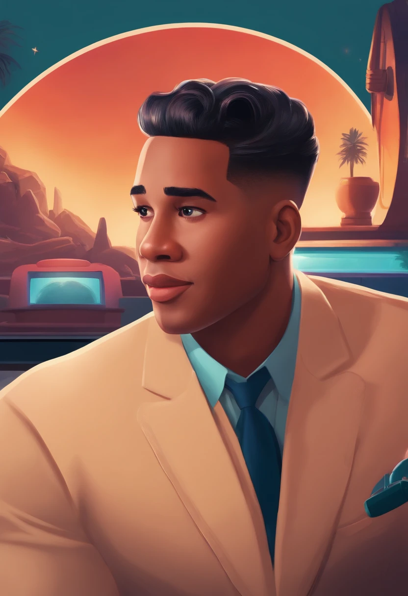 Create a Disney Pixar-style poster with the title "Among Us ciano" with a man with light skin, hair combed to the side, small pompadour, wearing a suit without a tie and holding a microphone in a television studio.