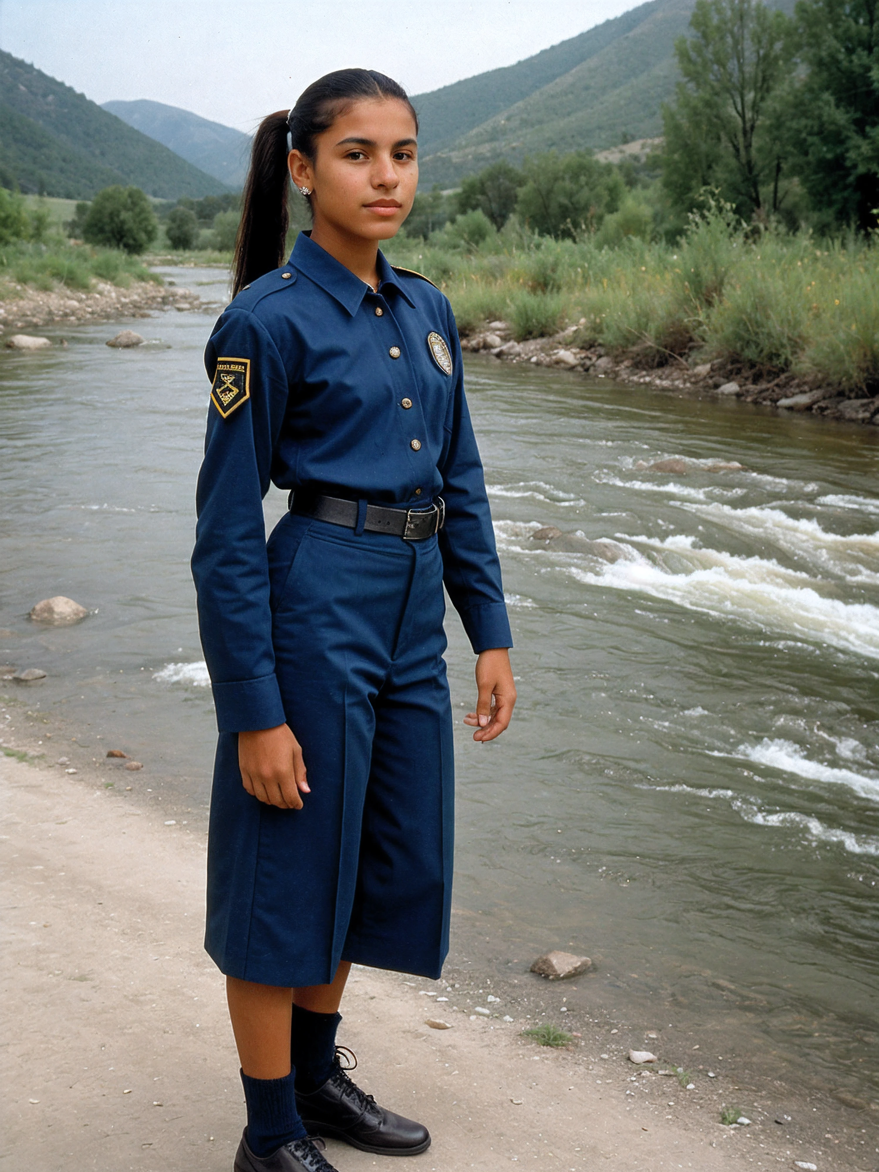 young latino woman with a ponytail in s1999cmd uniform,by a river