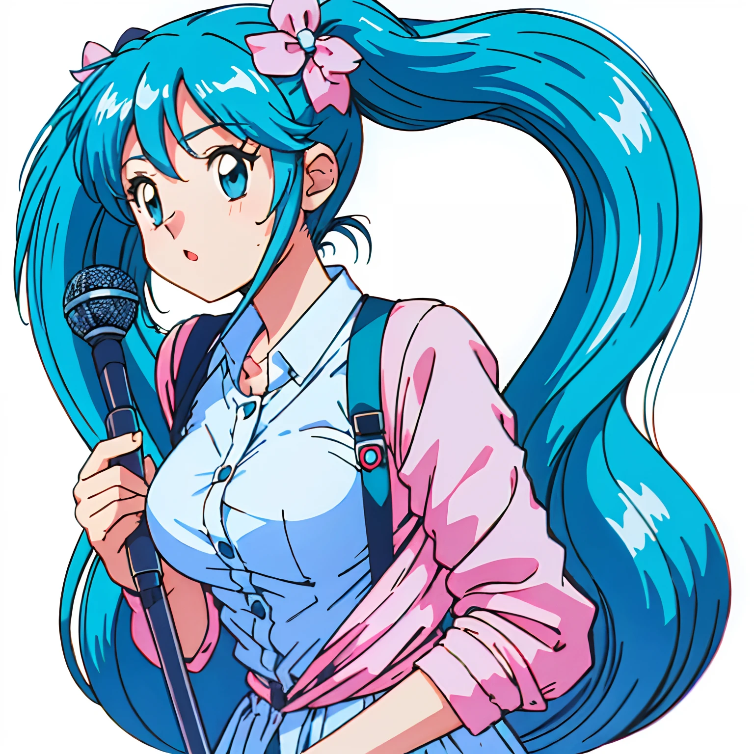 miku hatsune、Big eyes、Blue-haired、Twin-tailed、microphone、White background、Chest illustration、cute little、Shoujo manga style、without background、eyes large、locks、Large breasts、Background white、Blue hair