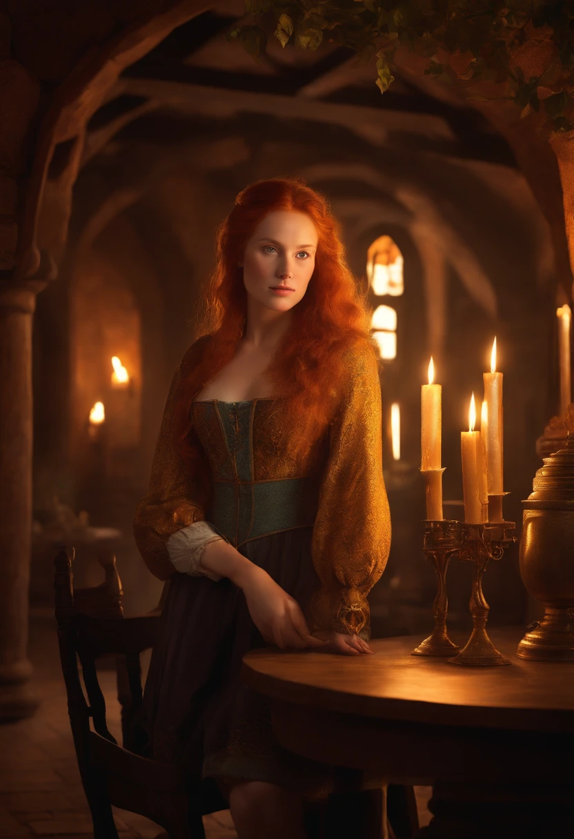Young ginger woman, Tavern of medieval tales, Intricately detailed colorful interior, Detailed intense sunrise lightning, Best geometry, award-winning masterpiece, Ultra-complex shadows and lighting, The best lighting, Best Shadows, Complex busy settings, Trending on Art Station, Global Illumination, Lighting yourself, bio luminescent, Mijolny style, art by Albert Bierstadt