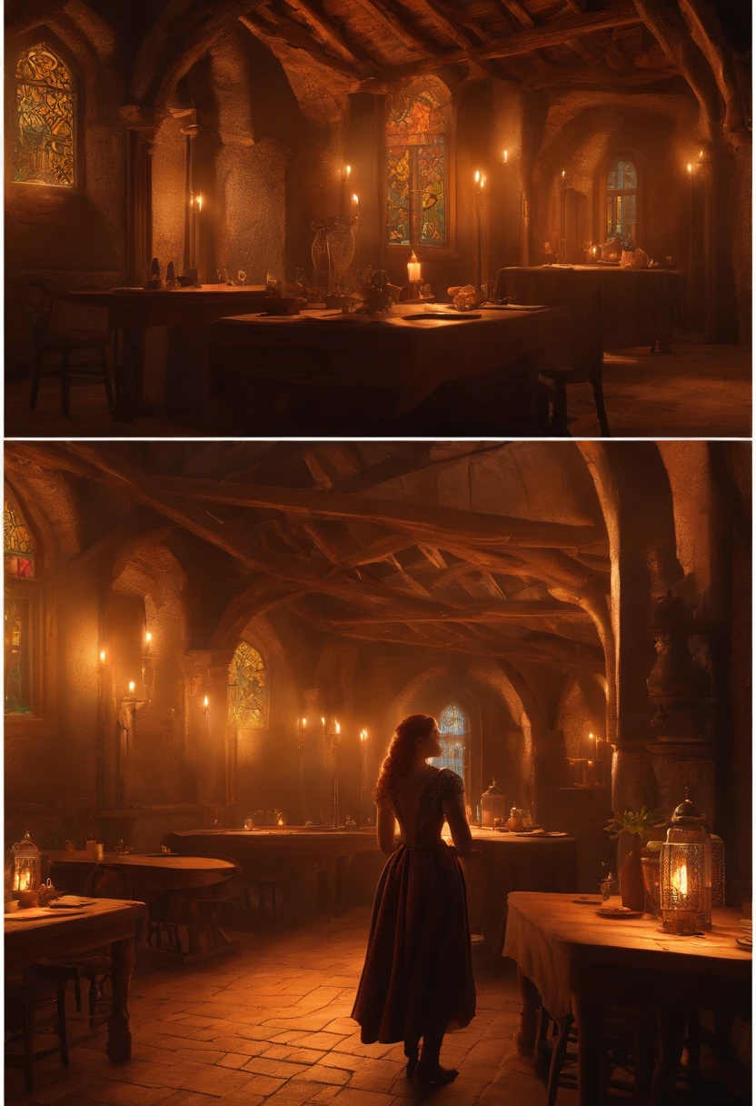 Young ginger woman, Tavern of medieval tales, Intricately detailed colorful interior, Detailed intense sunrise lightning, Best geometry, award-winning masterpiece, Ultra-complex shadows and lighting, The best lighting, Best Shadows, Complex busy settings, Trending on Art Station, Global Illumination, Lighting yourself, bio luminescent, Mijolny style, art by Albert Bierstadt