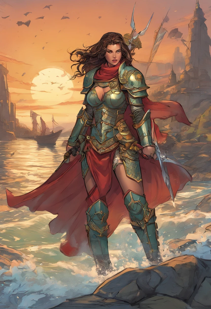 A woman in armor walking through a body of water, picture of female paladin, female paladin, fantasia paladin mulher, gorgeous female paladin, cavaleiro feminino, retrato cavaleiro feminino, Retrato do Paladino Feminino, Warhammer 4 0K obra de arte, de uma bela cavaleiro feminina, martelo de guerra 4 0 k fantasia, female warrior, vestido com armadura de batalha, cabelos brancos, armadura preta