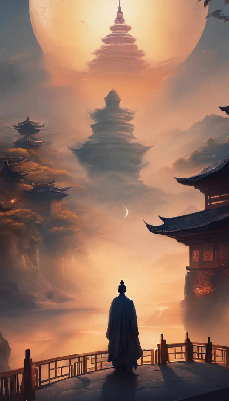 china style，In the distance, A huge tall Buddha statue stands in space，Staring at the Earth，Standing Buddha，with light glowing，glow effect，Pilgrims on the road，Hyper-realistic，Ultra photo realsisim，Real Photographics，8K，High Definition，high quarity，Works of masters，super-fine，Chinese black and white ink style，（（（white colors））），decolorization，Smudge，inky，8K，super-fine，high quarity，（（（OC Renderer）））