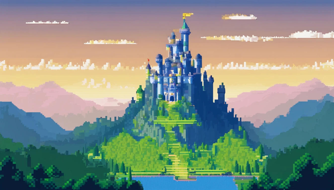 blue sky,castle in mountain,green mountain,Forest,Sun light.