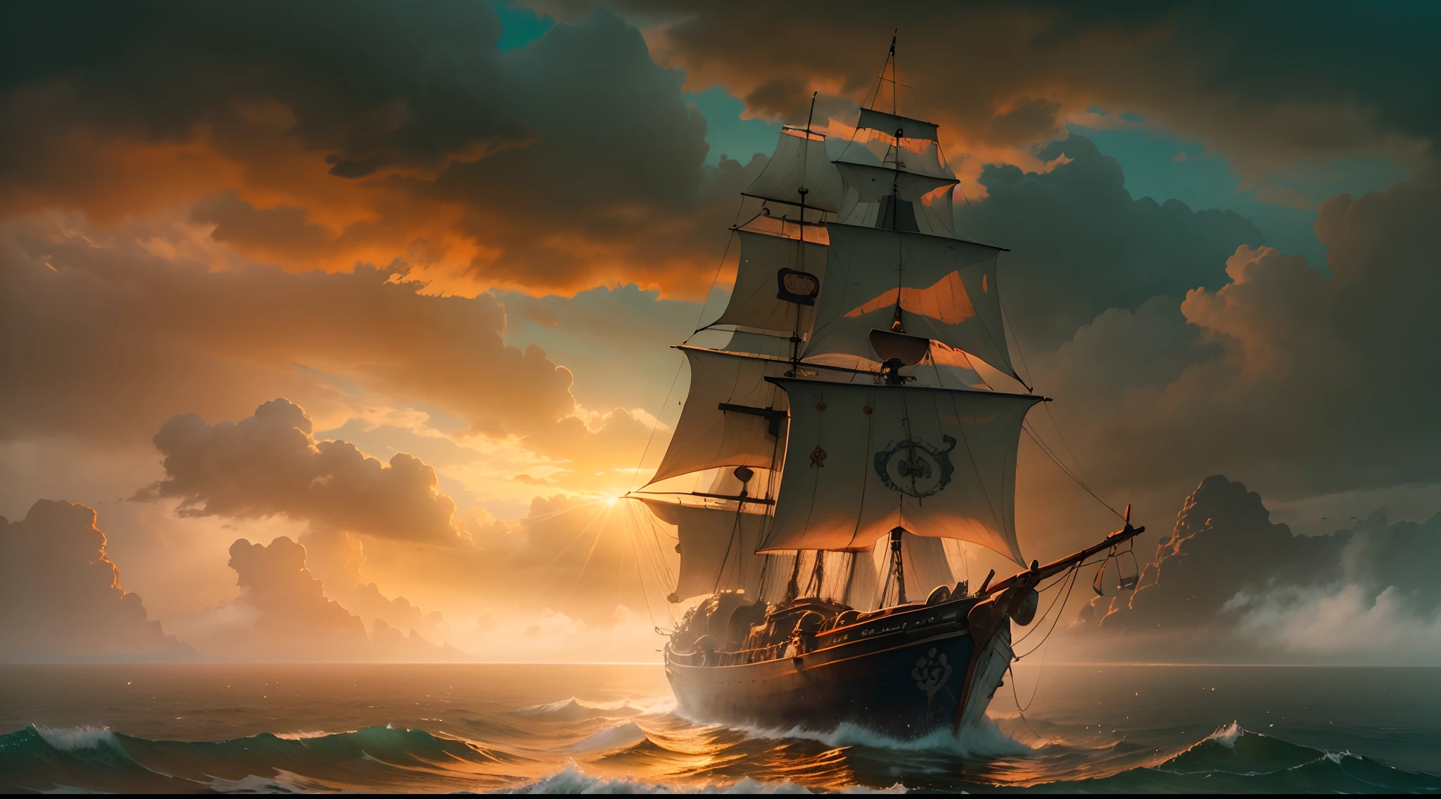 (Adventurous Bunny,Adventurer backpack,Explore the ghost pirate ship),(((Best quality,4K,8K,A high resolution,Masterpiece:1.2),Ultra-detailed,(Realistic,Photorealistic,photo-realistic:1.37)),Oil painting,Adventure)lighting, Vibrant colors, foggy atmosphere, Vintage feel, mystical ambiance,Fine fur and texture,Well-painted faces, Sparkling eyes, curious expressions, Firm posture, Rustic and shabby appearance, A treasure hidden in the background, The waves lapping against the boat,Ominous clouds in the sky, Dramatic shadows, sunlight penetrates the clouds, Suspenseful atmosphere,breathtaking ocean view, Golden sunset,A rich and deep color palette, Contrast light and shadow, Dynamic composition.
