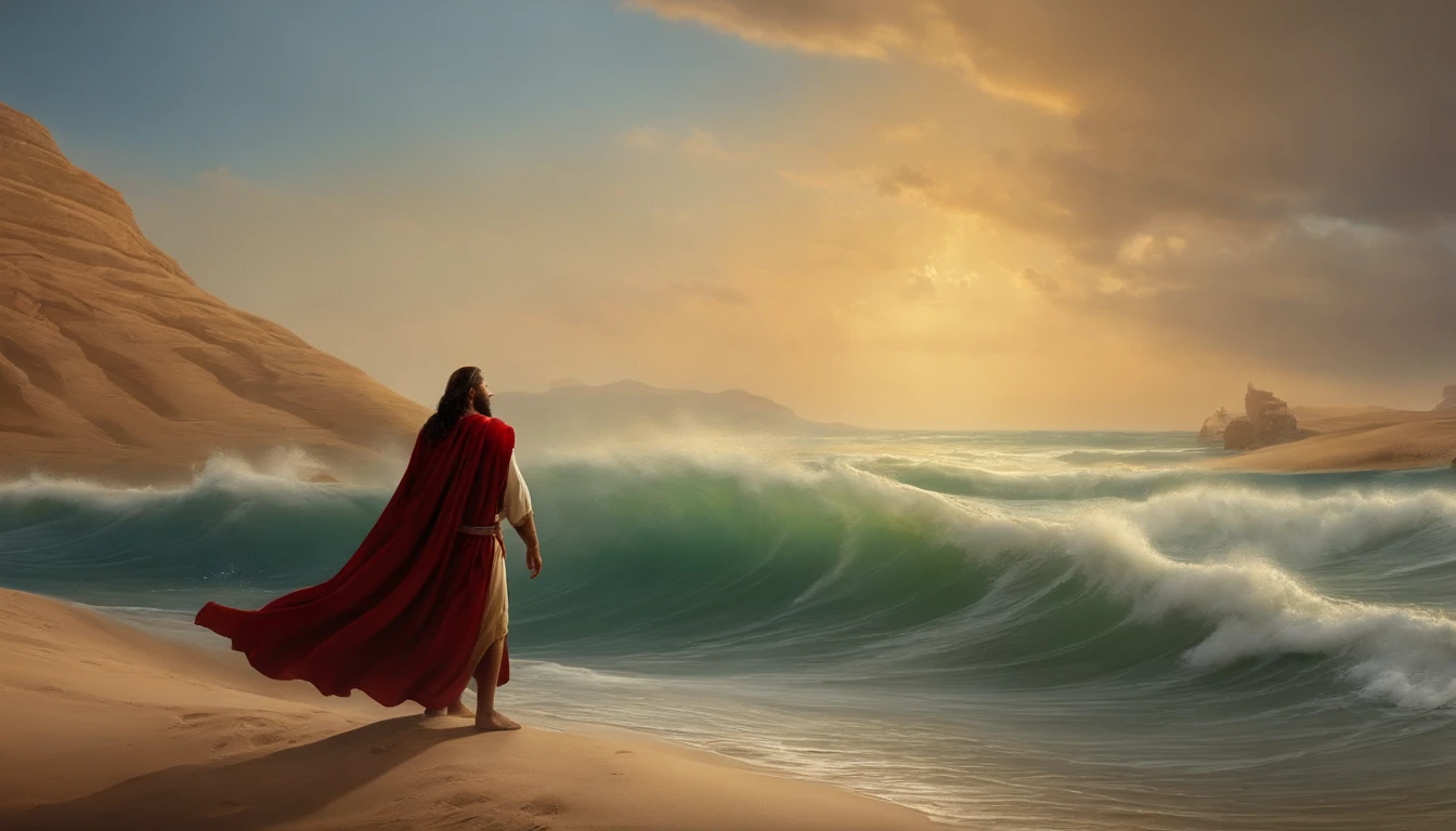 Moses Crossing the Red Sea, Atravessar o mar como se fosse terra, Com muita gente, million ,Staff or Moses ,deserto,Vestidos velhos,,Historical reference,Arte e detalhes de alta qualidade,Estilo retrato realista,paleta de cores sutil,fundo vibrante,texturas naturais,Sombras profundas,Destaques sutis,historical accuracy,meticulous attention to detail,Profundidade e intensidade emocional,authentic representation,instigante,atmosfera espiritual,Um Senso de Sabedoria Antiga,Impacto profundo