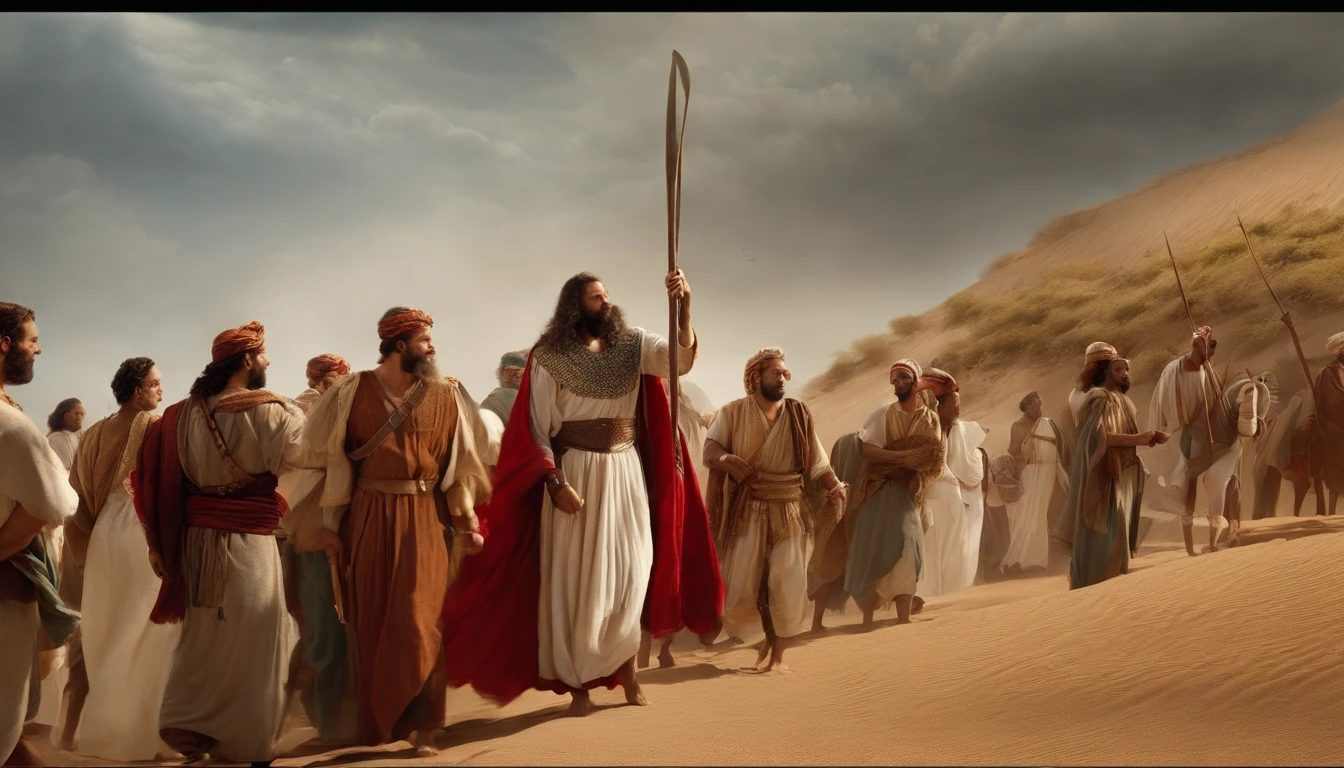 Moses Crossing the Red Sea, Atravessar o mar como se fosse terra, Com muita gente, million ,Staff or Moses ,deserto,Vestidos velhos,,Historical reference,Arte e detalhes de alta qualidade,Estilo retrato realista,paleta de cores sutil,fundo vibrante,texturas naturais,Sombras profundas,Destaques sutis,historical accuracy,meticulous attention to detail,Profundidade e intensidade emocional,authentic representation,instigante,atmosfera espiritual,Um Senso de Sabedoria Antiga,Impacto profundo