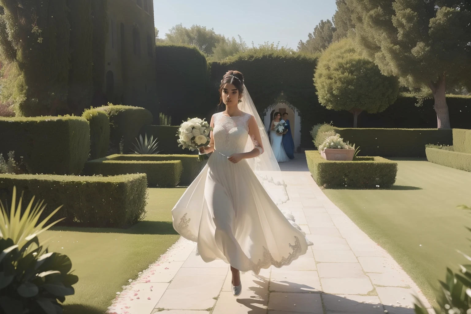 year: 2023. Location: Madrid. Pre-Raphaelite scene with a 32-year-old Diane Guerrero, runaway bride, ((escaping)), ((running fast)), villa's garden, ((((wedding dress from the 2020s)))) ((Hairstyle of the 2020s, low bun)), ((("OMITB" cinematography)))