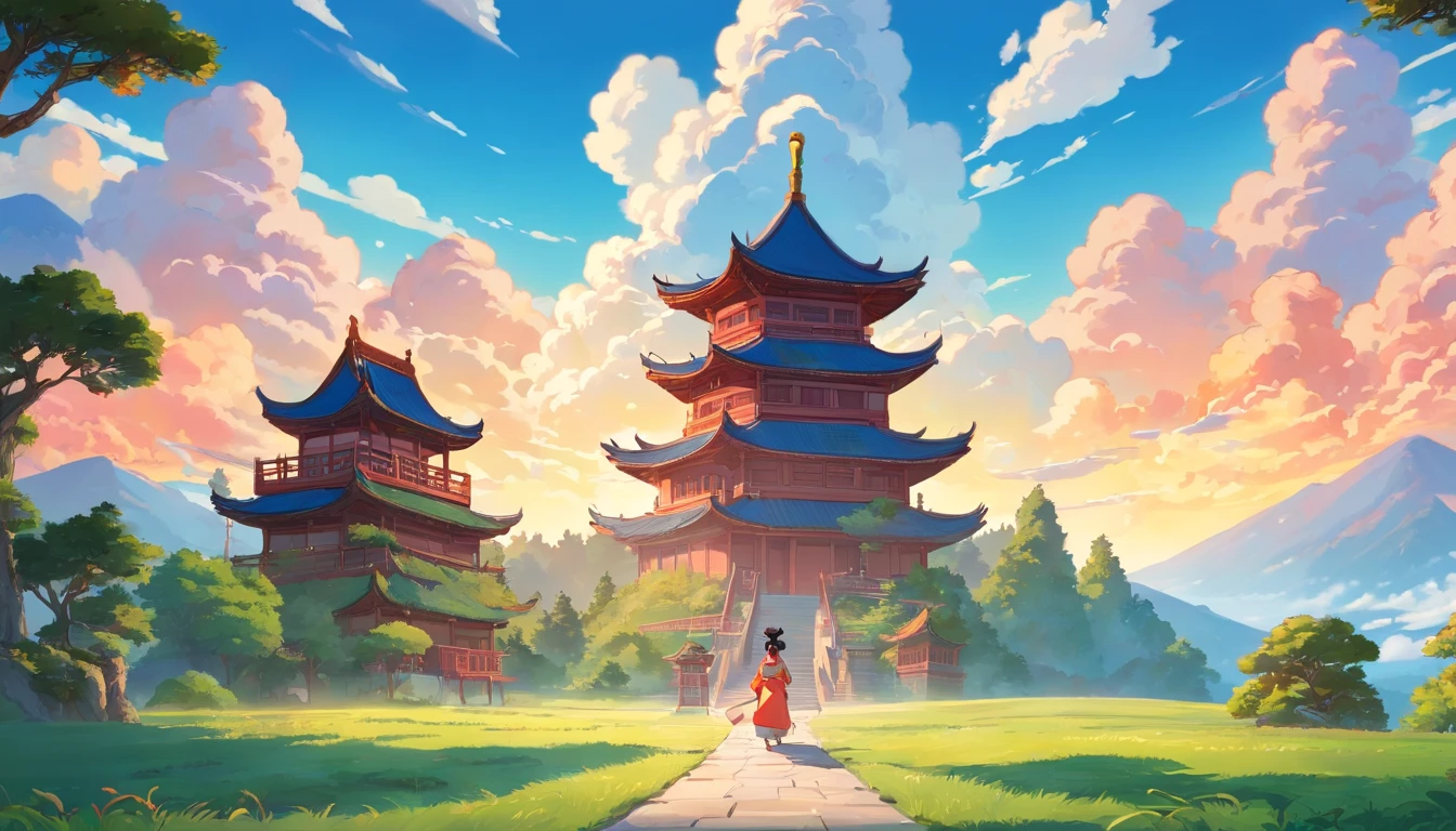 In the background is a very magnificent Chinese-style building,pines,Clouds,The color atmosphere is rich,In the foreground is a group of people carrying melons and fruits to worship the cow god,4k画质,Manhwa Style,The lighting effect shines through the middle of the clouds,Chinese mythology