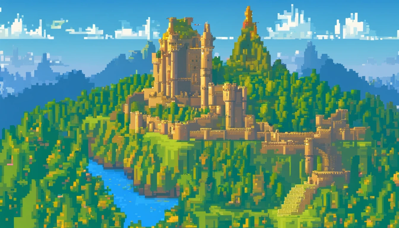 blue sky,castle in mountain,green mountain,Forest,Sun light.