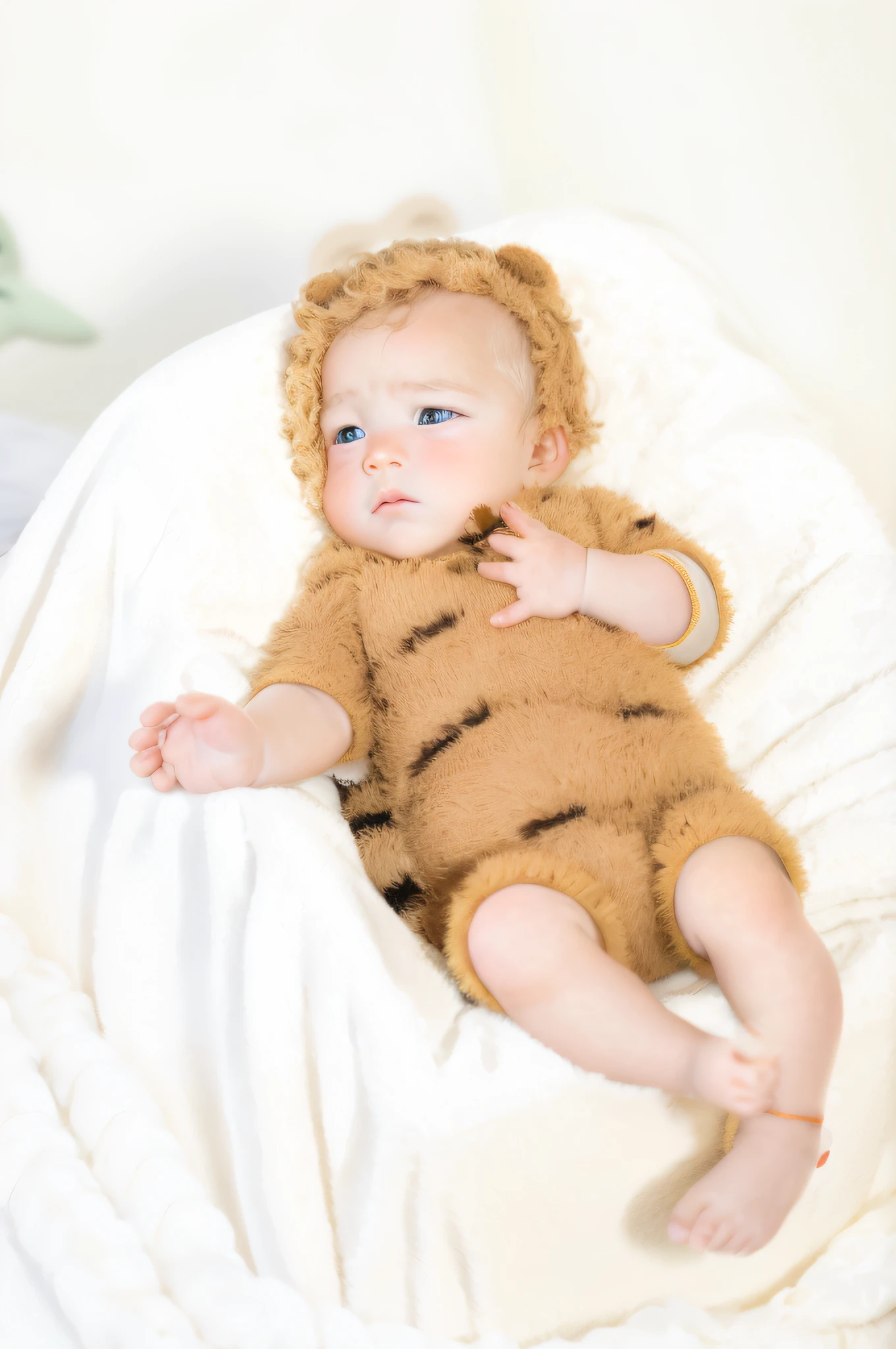 Realistic photo, a 7 male baby, Bri features, dark brown eyes, really human photo, realistic and extremely detailed features of a child, golden, blond, white baby clothes, sitton the floor in his room full of toys, sad expression with a teddy bear nearby, with two-tone lighting, sharp focus, film grain, High Detail, Ultra Realistic, Low Key, Close Up, 4K HDm Front Photo Looking at Camera