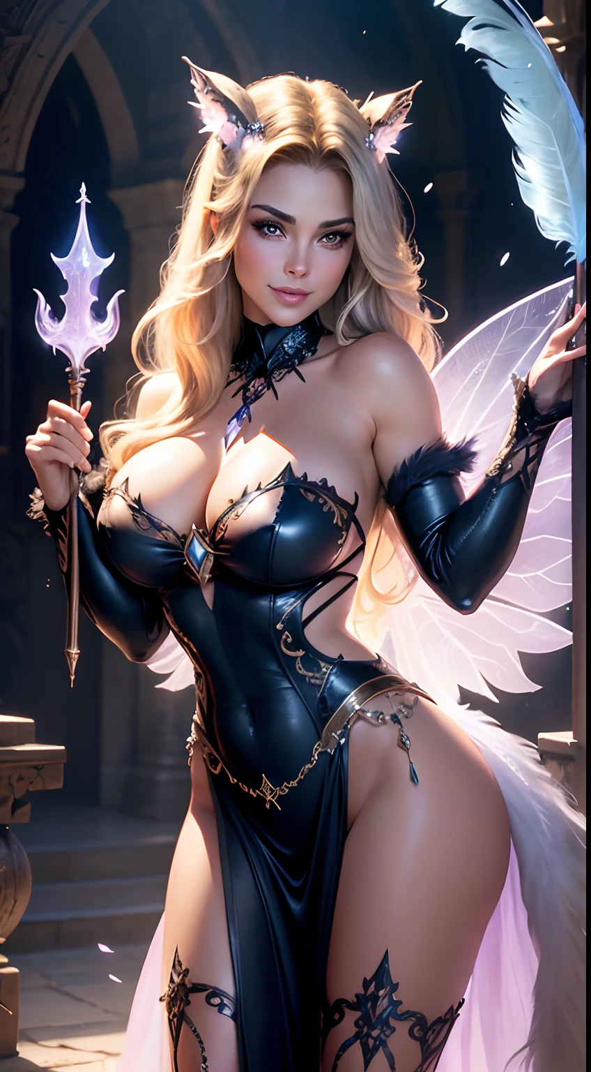 Fantasy image of Carmen Electra as a fairy, beautiful, transparent feathers on back, deep cleavage, wand in hand, smiling, enchanted castle in background, photorealistic image