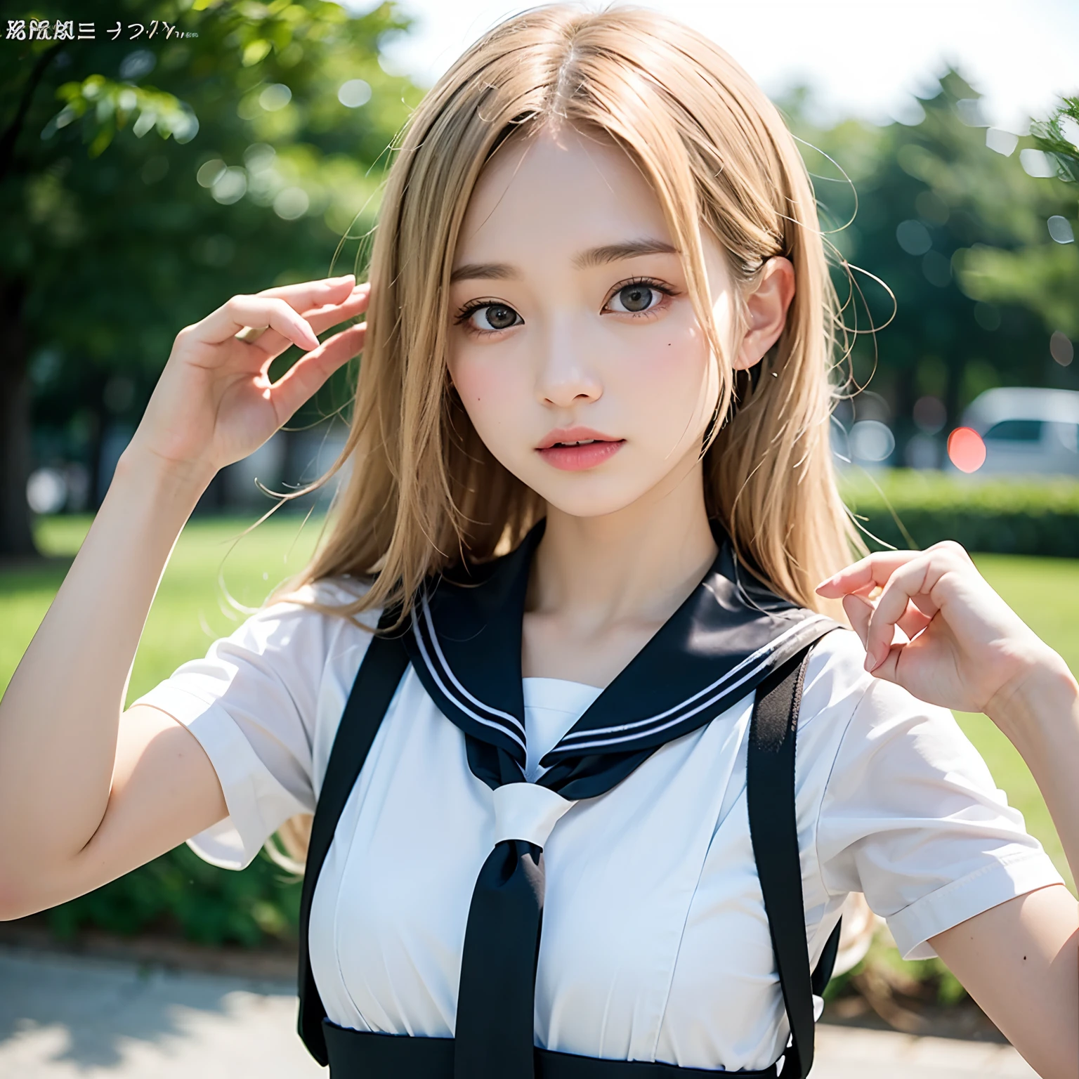 (masterpiece), (top-quality), (school girl uniform:1.5), (Ultra short skirt:1.5), (Ultra short uniform:1.5), (blushed face:1.3), (barechested:1.3), (Spilling boobs:1.4), (realistic:1.5), 1 little girl, precise small hands, Embarrassed look, Smile, extremely cute girl, baby face, Clear eyes, Shining eyes, small breast, side boob is visible, cleavage of the breast is visible, The buttocks is visible, The crotch is visible, No pubic hair, The beautiful skin, ultra-definition, Top resolution, golden hair, in the park
