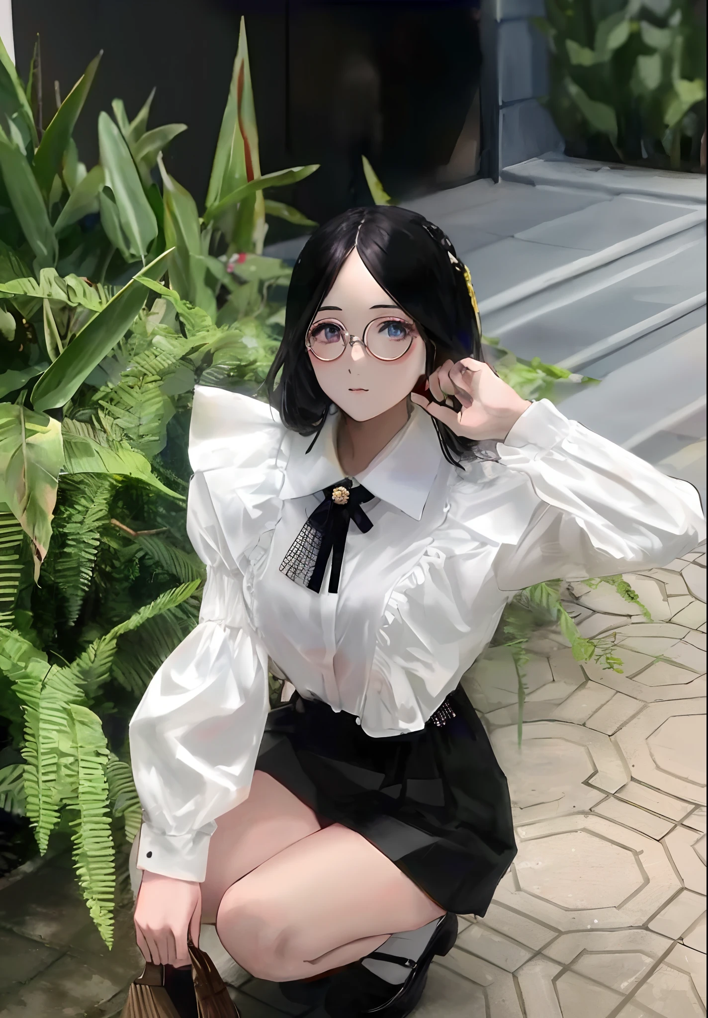 araffed woman in a white blouse and black skirt posing for a picture, (wearing thin large round circle glasses:1.1), ulzzang, xintong chen, korean girl, belle delphine, sakimichan, anime girl in real life, wearing a blouse, profile pic, wenfei ye, ruan cute vtuber, xision wu, jinyoung shin, shikamimi, anime thai girl
