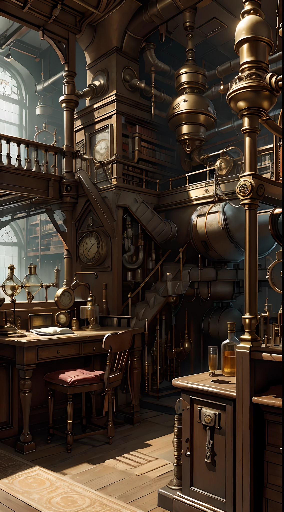 steampunk,no human,library,laboratory