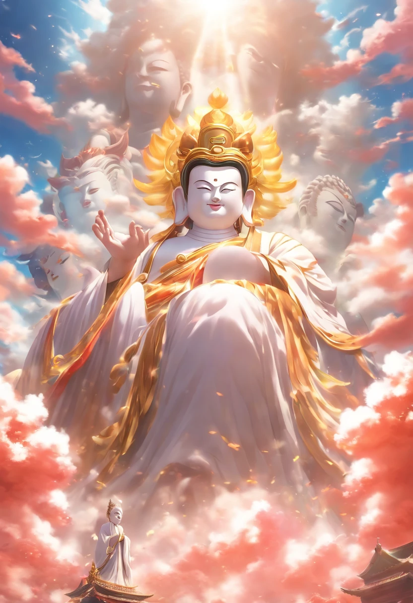 ((masutepiece))，(Best Quality))，china style，In the sky, Clouds form a huge white Buddha statue，Thick clouds，and the sun was shining brightly，Pilgrims on the road，Hyper-realistic，Ultra photo realsisim，White species，8K，High Definition，high quarity，Works of masters，super-fine，（（（OC Renderer）））